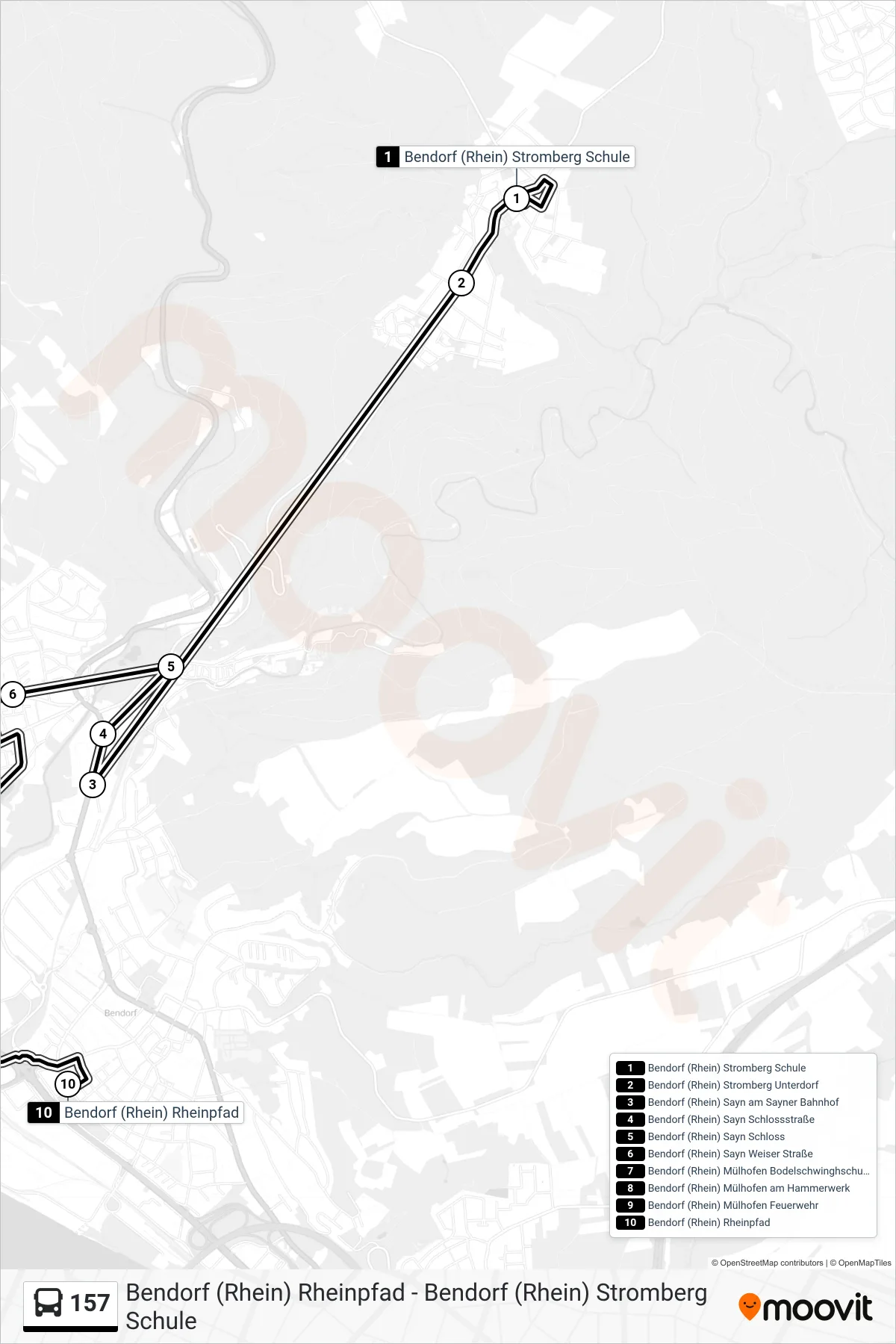 157 bus Line (Bendorf (Rhein) Rheinpfad) route and stops on a map