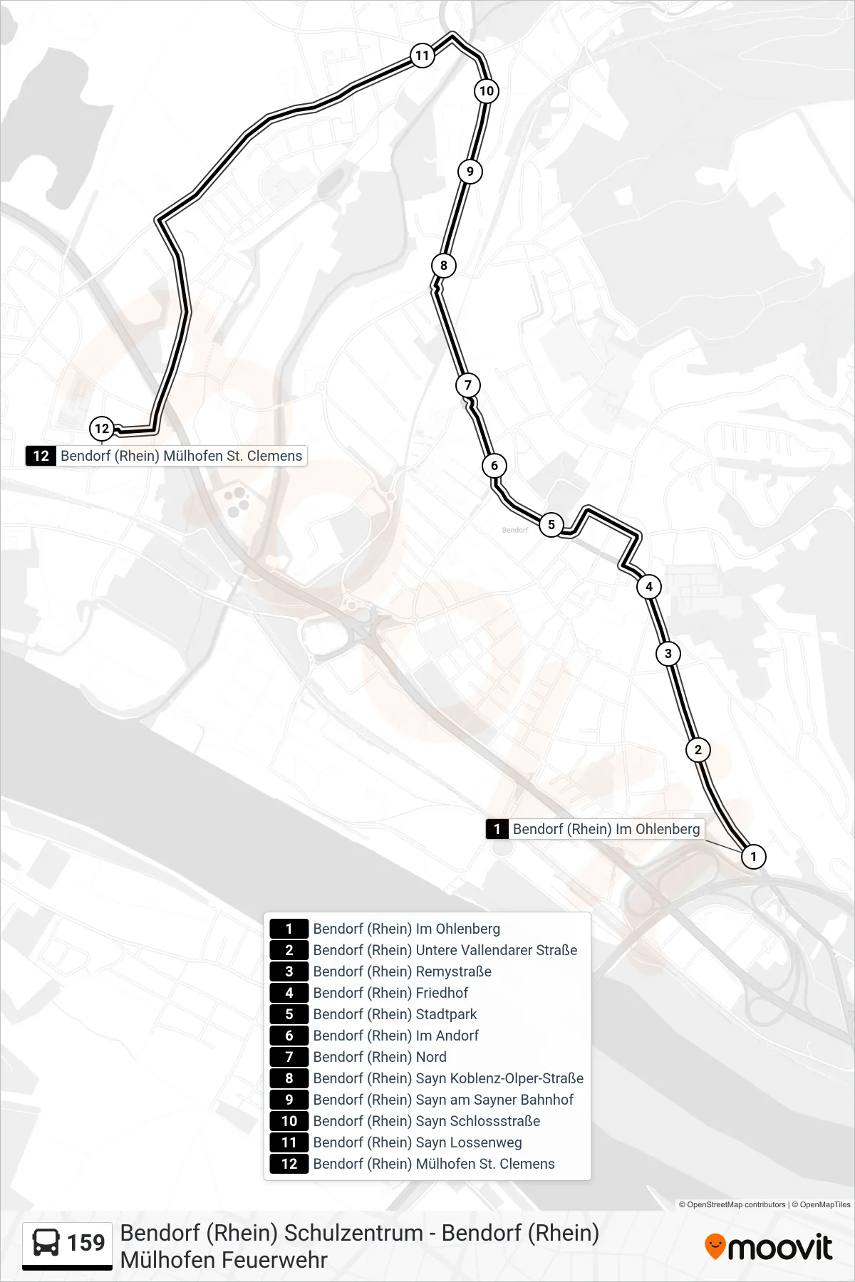 Linie 159 (Bus) Richtung Bendorf (Rhein) Mülhofen St. Clemens: Route und Haltestellen auf der Karte