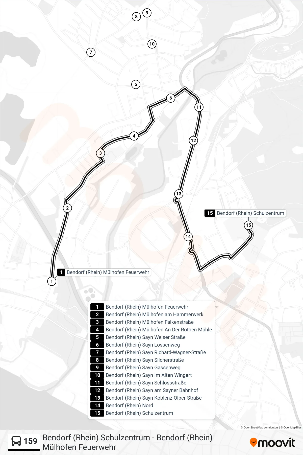 Linie 159 (Bus) Richtung Bendorf (Rhein) Schulzentrum: Route und Haltestellen auf der Karte
