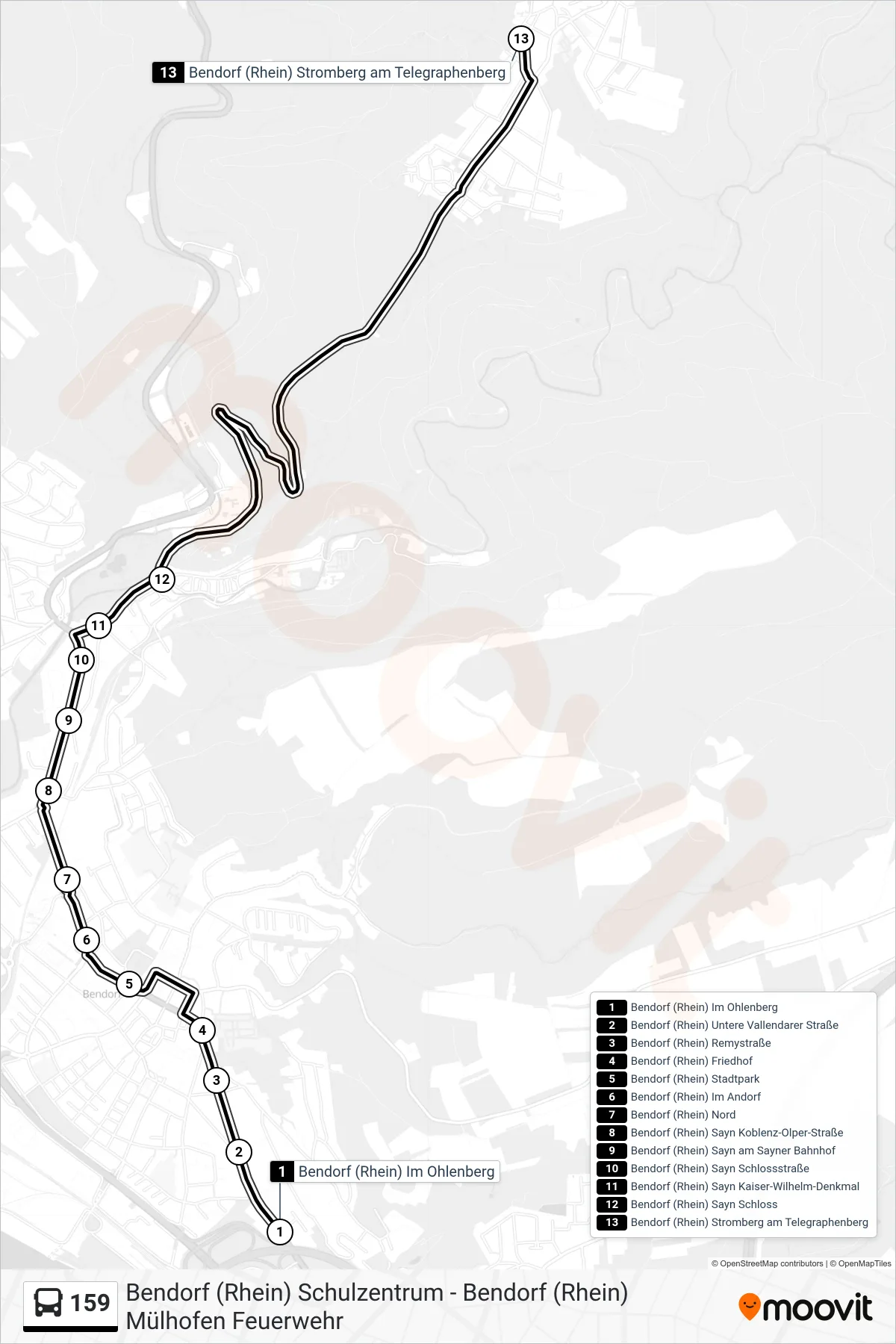 159 bus Line (Bendorf (Rhein) Stromberg am Telegraphenberg) route and stops on a map
