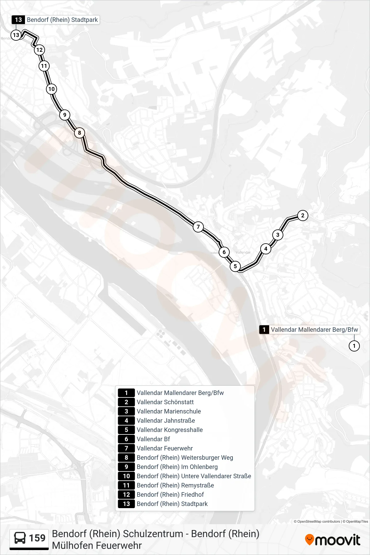 159 bus Line (Bendorf (Rhein) Stadtpark) route and stops on a map