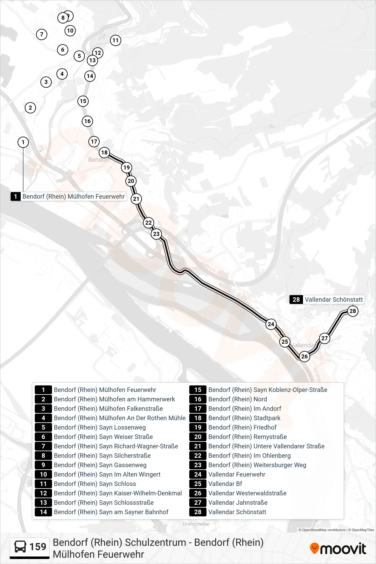 159 bus Line (Vallendar Schönstatt) route and stops on a map