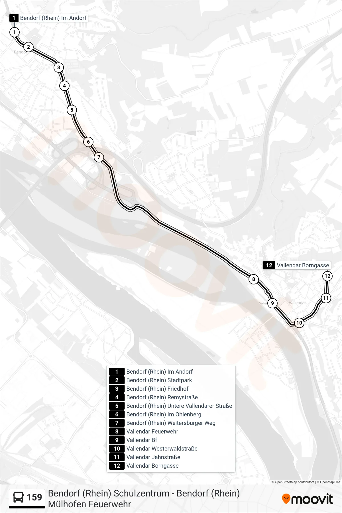 Linie 159 (Bus) Richtung Vallendar Borngasse: Route und Haltestellen auf der Karte