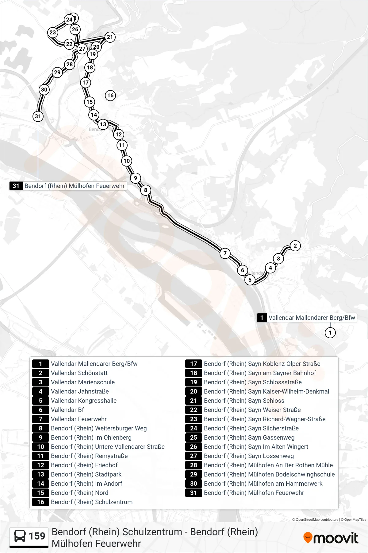 Linie 159 (Bus) Richtung Bendorf (Rhein) Mülhofen Feuerwehr: Route und Haltestellen auf der Karte