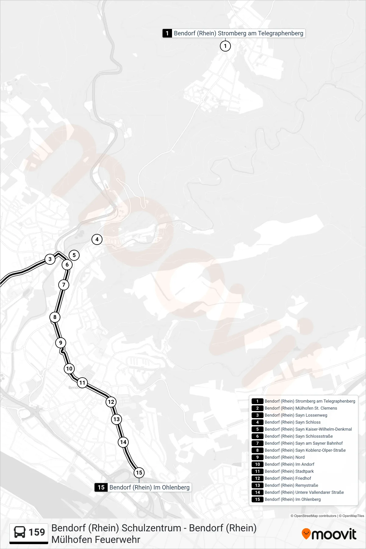 Linie 159 (Bus) Richtung Bendorf (Rhein) Im Ohlenberg: Route und Haltestellen auf der Karte