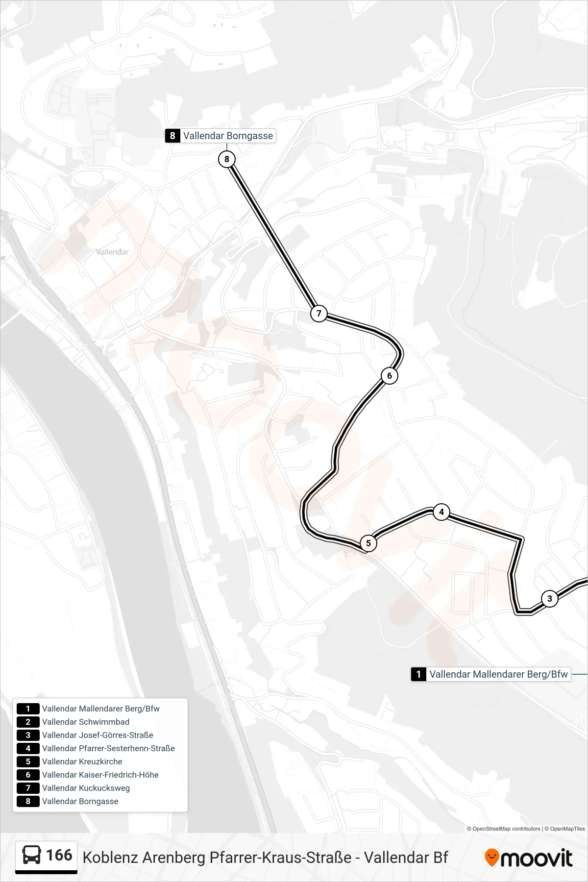 166 bus Line (Vallendar Borngasse) route and stops on a map
