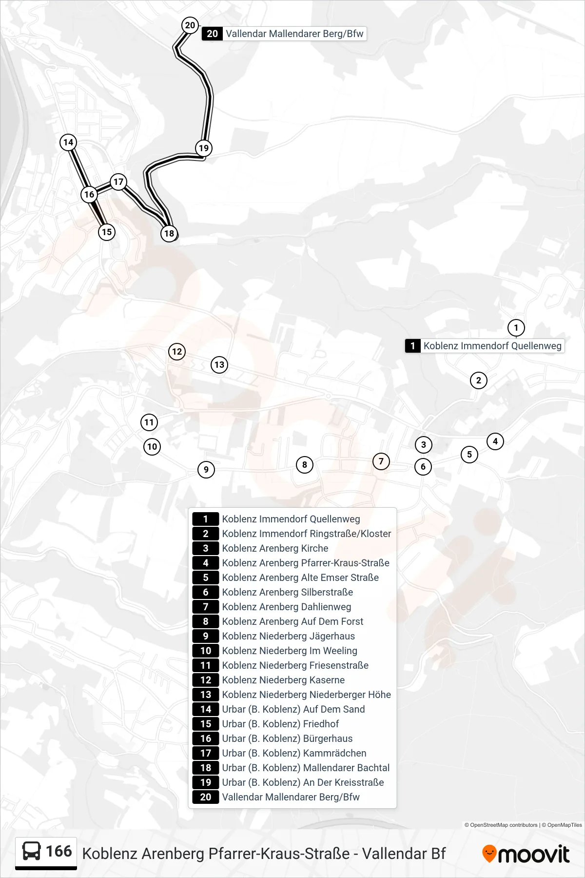 166 bus Line (Vallendar Mallendarer Berg/Bfw) route and stops on a map