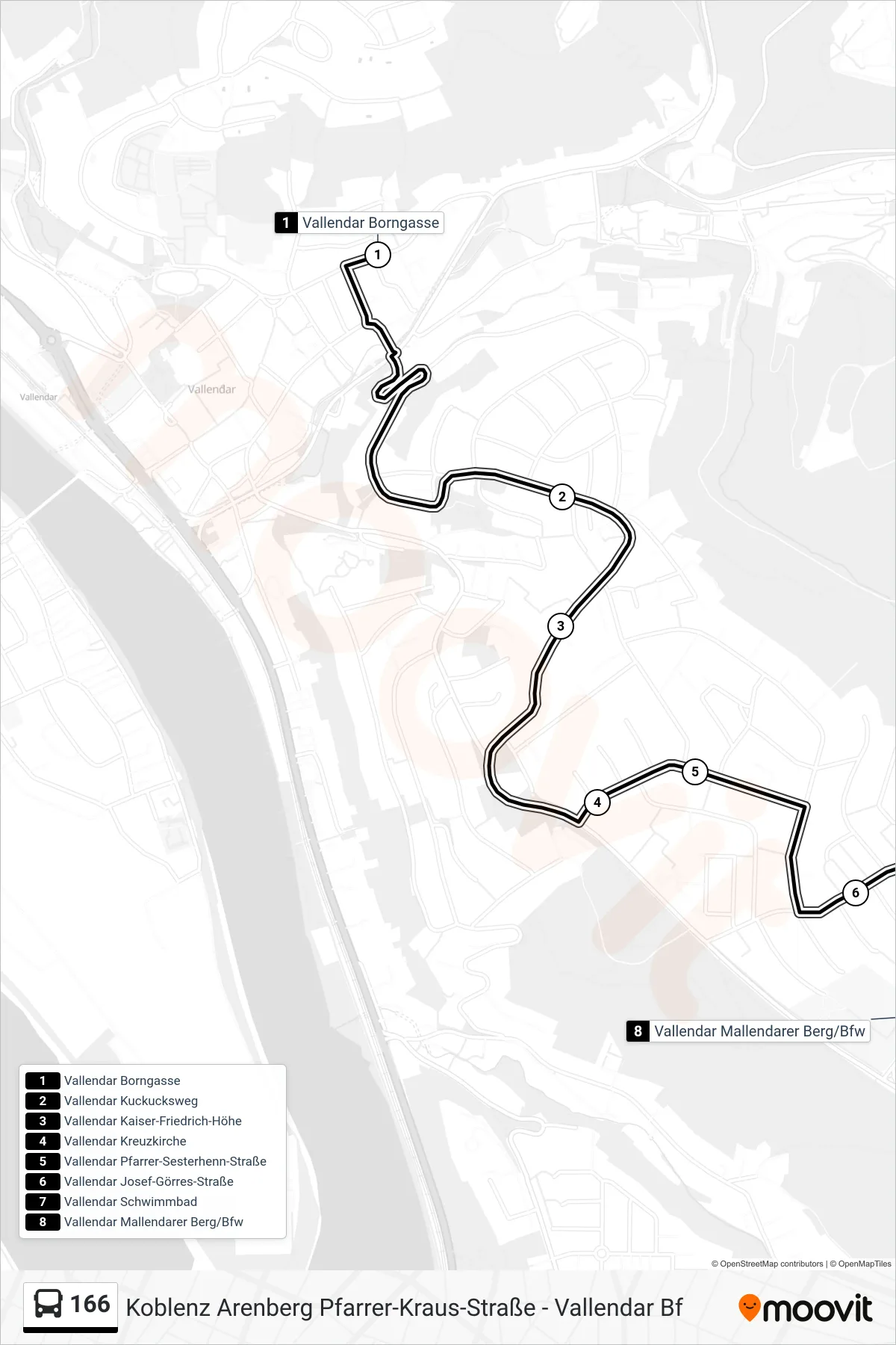 166 bus Line (Vallendar Mallendarer Berg/Bfw) route and stops on a map