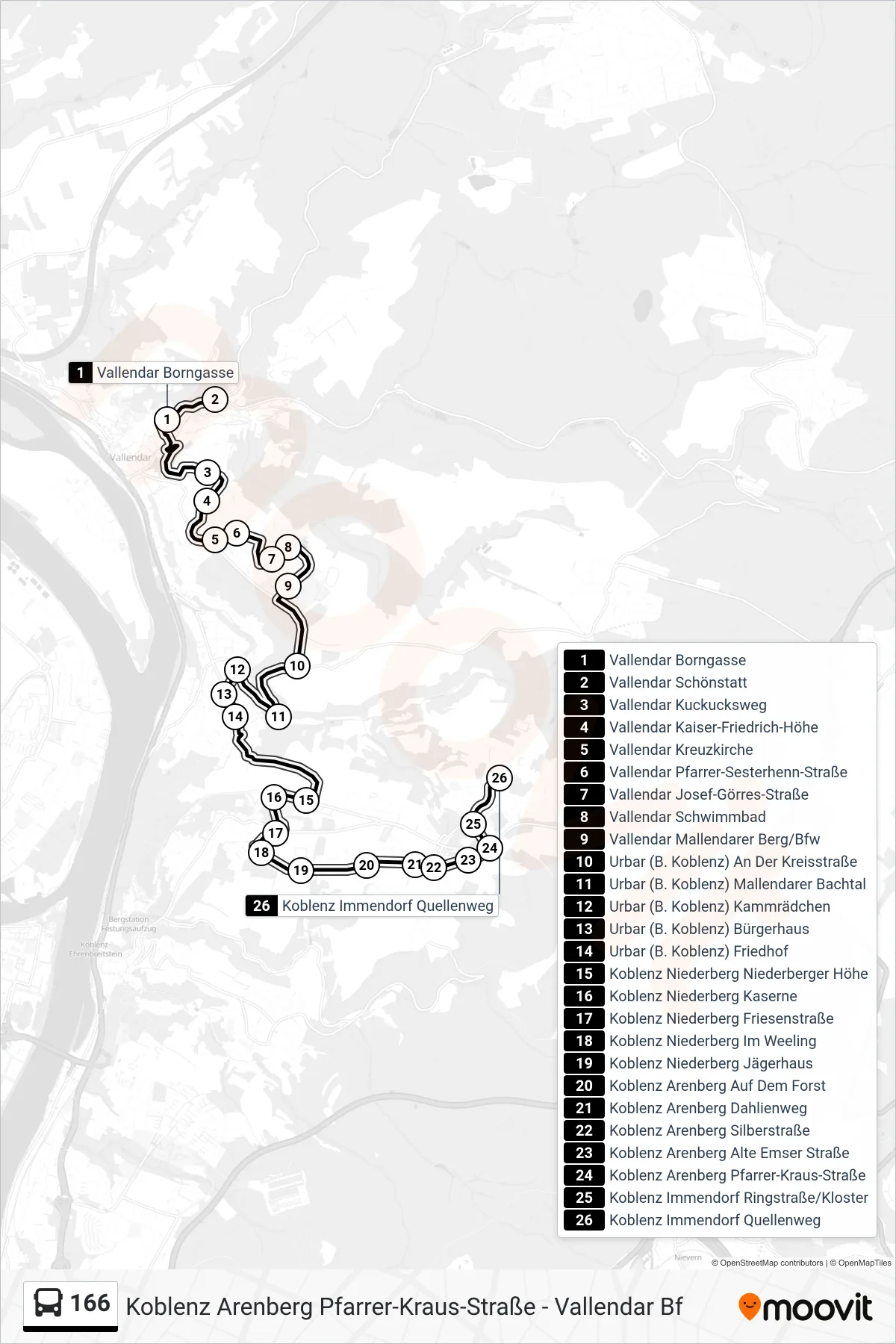166 bus Line (Koblenz Immendorf Quellenweg) route and stops on a map