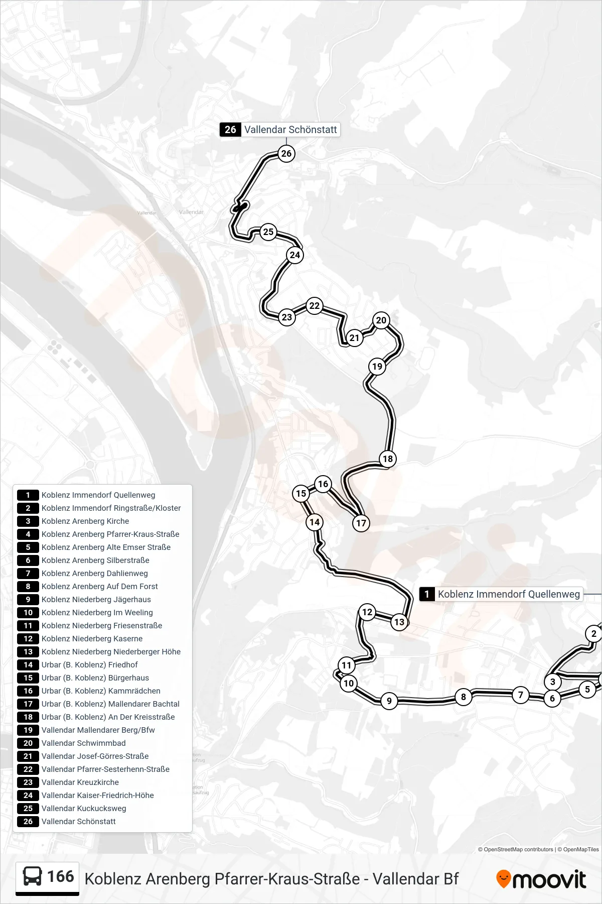 166 bus Line (Vallendar Schönstatt) route and stops on a map