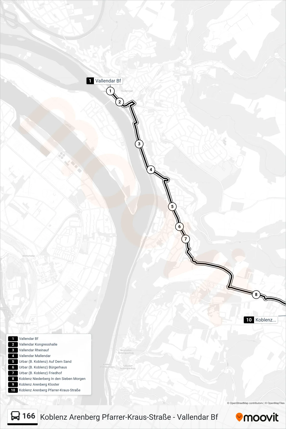 166 bus Line (Koblenz Arenberg Pfarrer-Kraus-Straße) route and stops on a map
