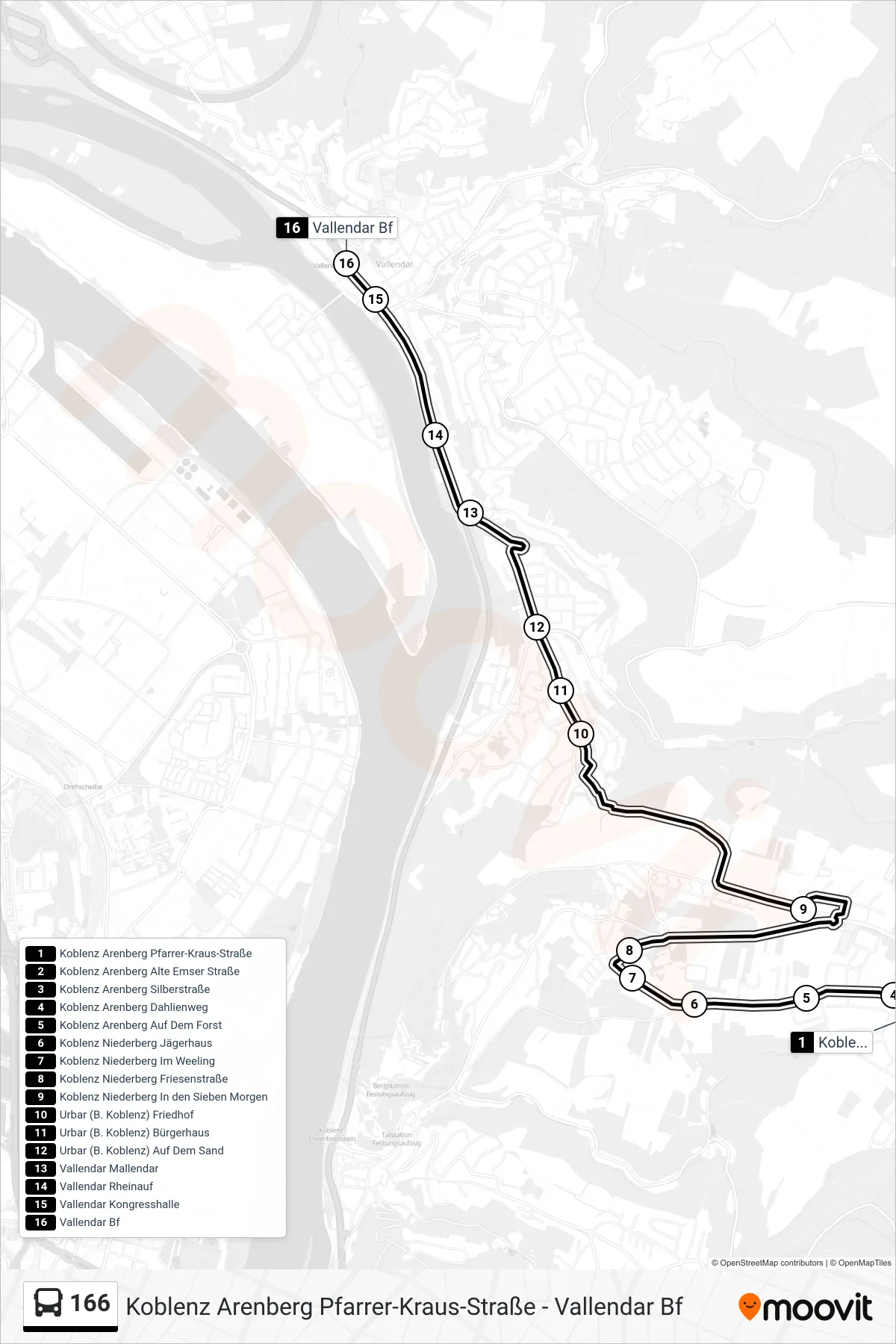 Linie 166 (Bus) Richtung Vallendar Bf: Route und Haltestellen auf der Karte
