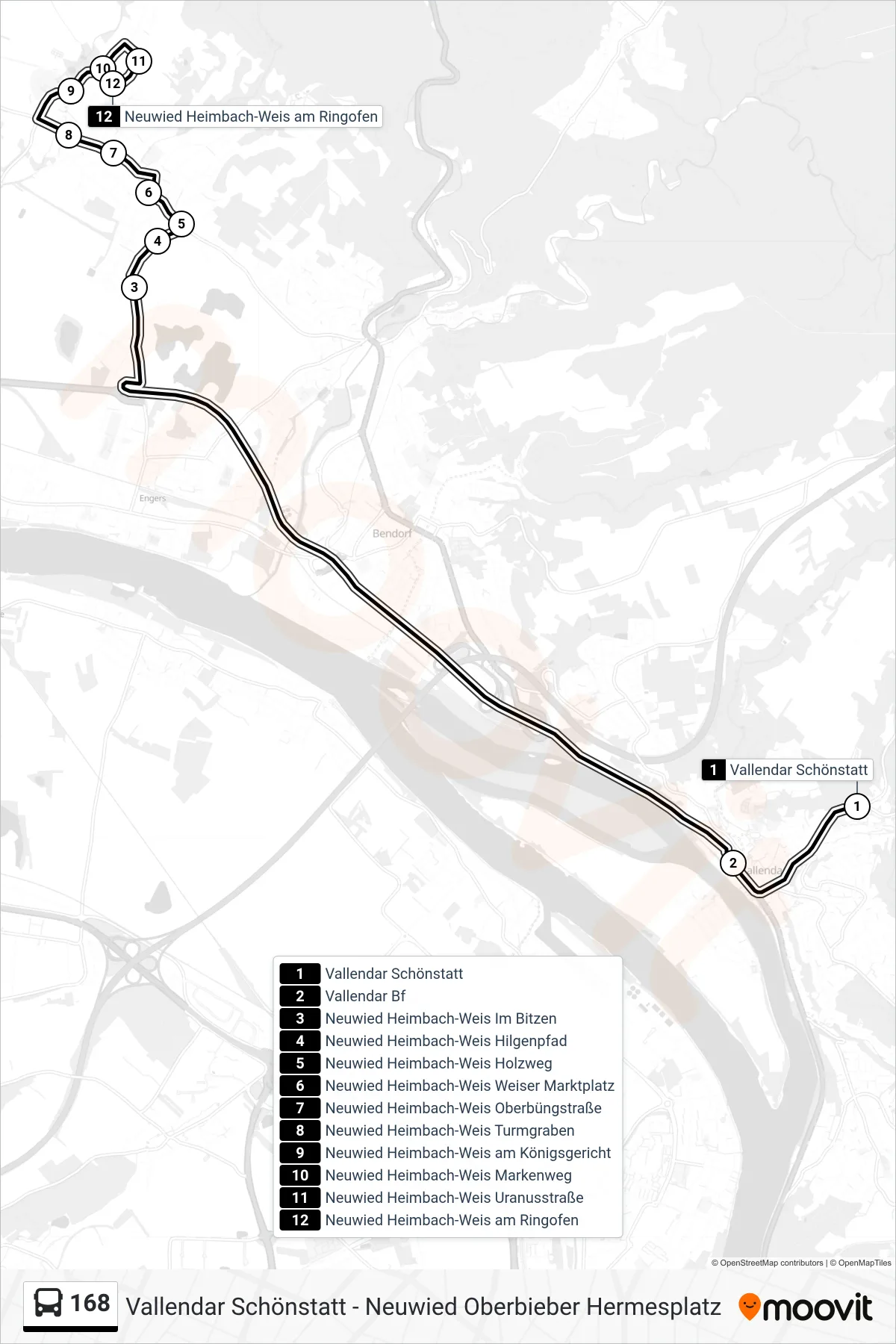 168 bus Line (Neuwied Heimbach-Weis am Ringofen) route and stops on a map