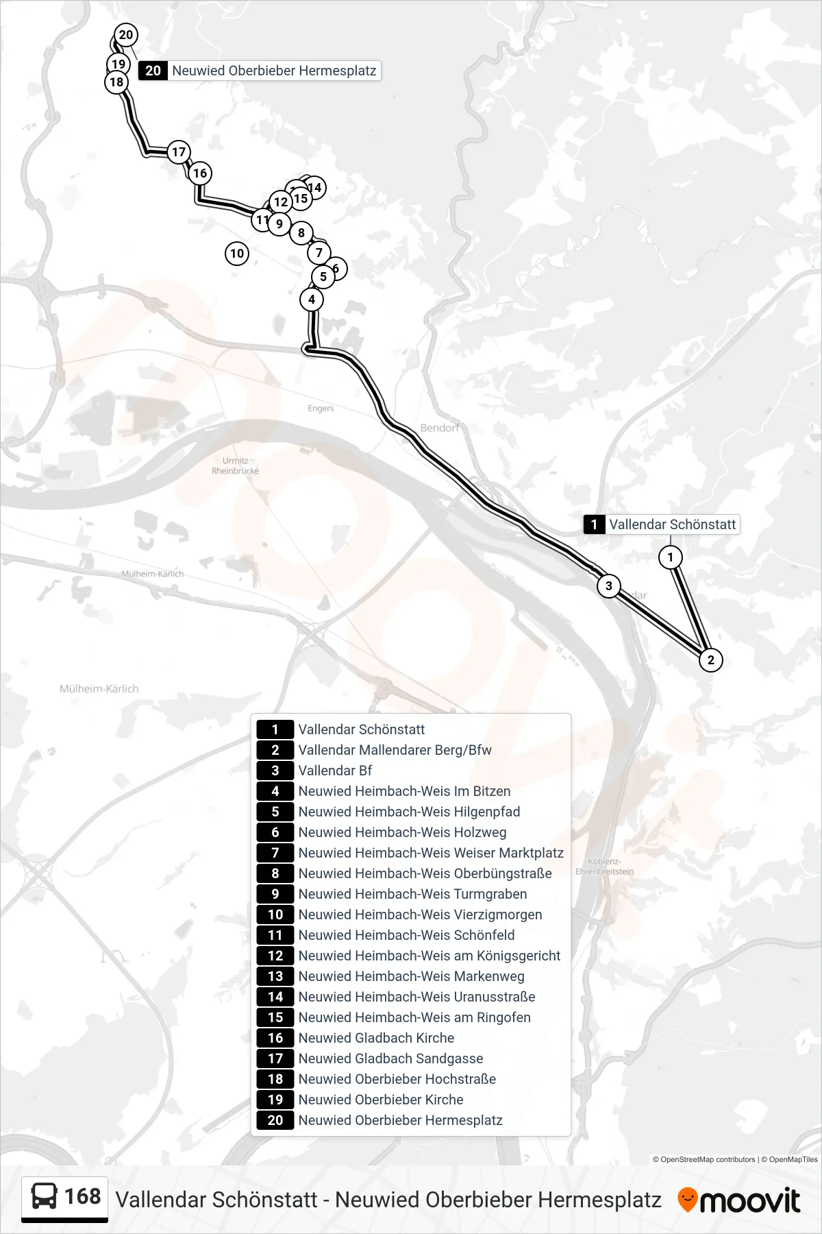 168 bus Line (Neuwied Oberbieber Hermesplatz) route and stops on a map