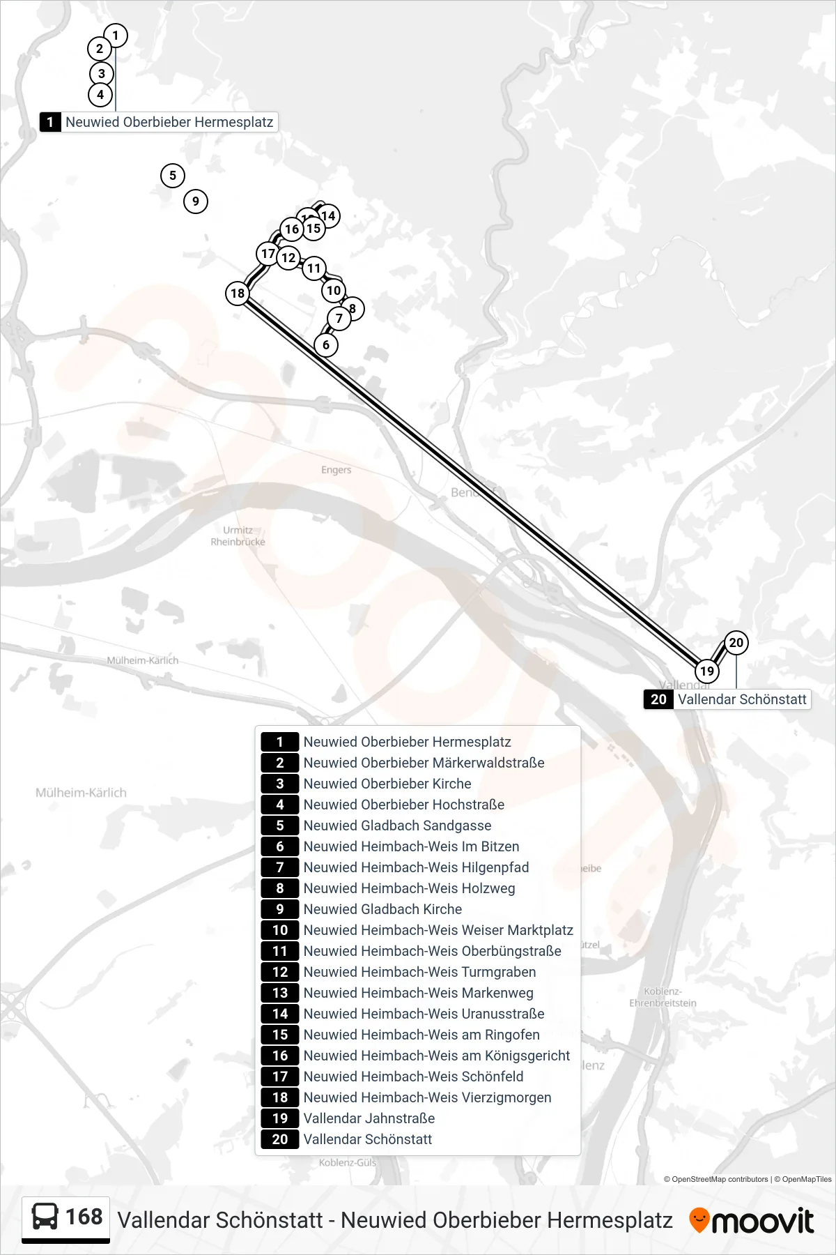 Linie 168 (Bus) Richtung Vallendar Schönstatt: Route und Haltestellen auf der Karte