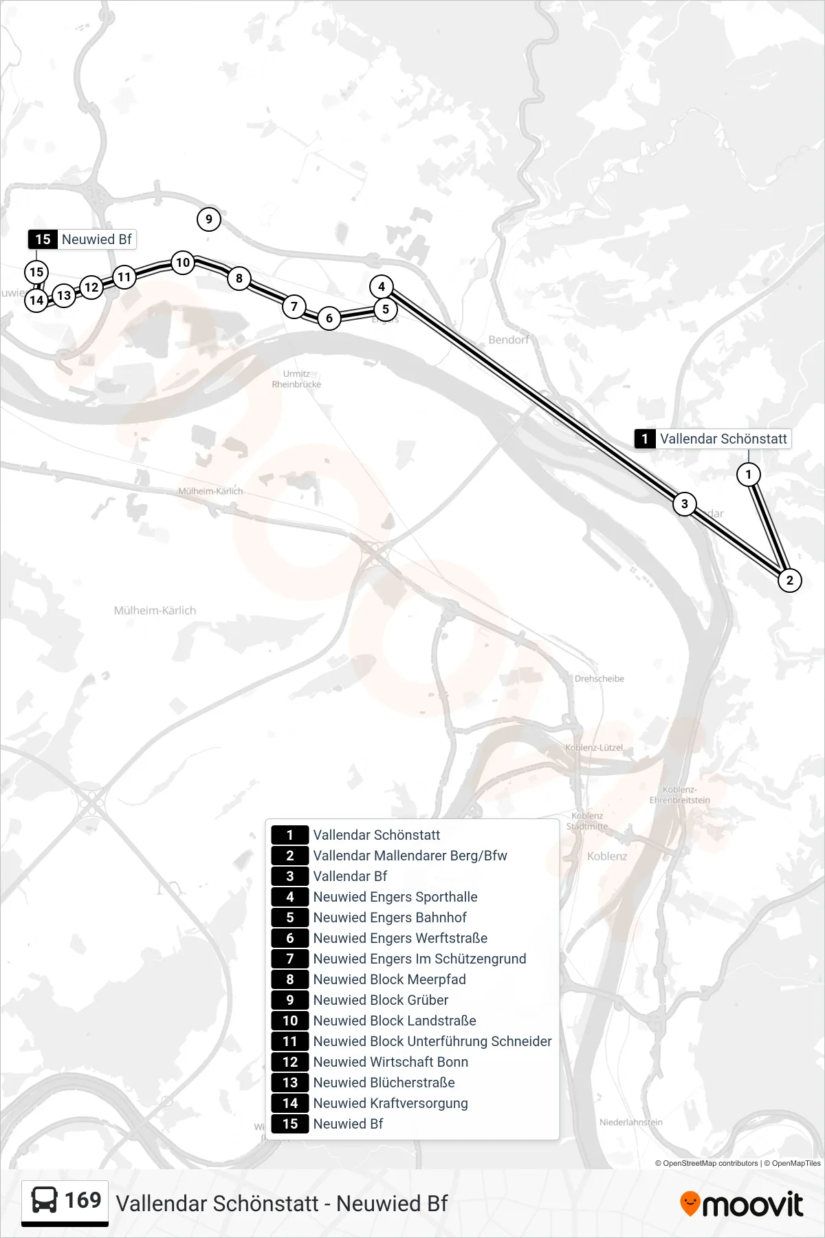 169 bus Line (Neuwied Bf) route and stops on a map