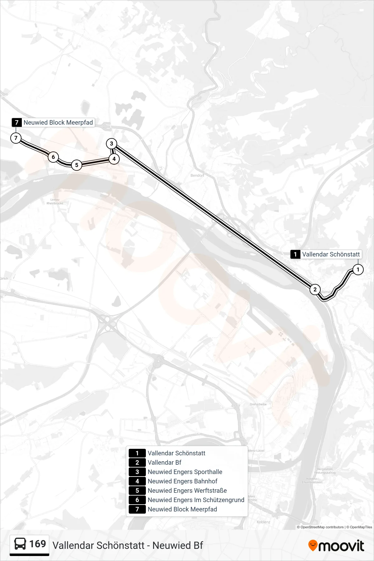 169 bus Line (Neuwied Block Meerpfad) route and stops on a map