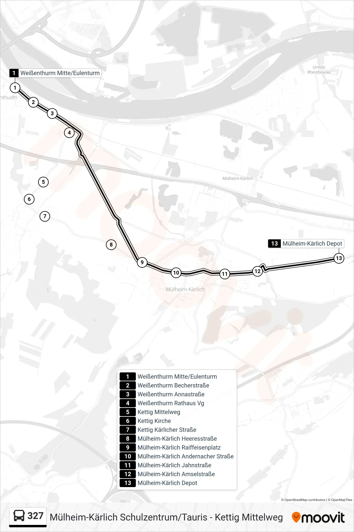 327 bus Line (Mülheim-Kärlich Depot) route and stops on a map