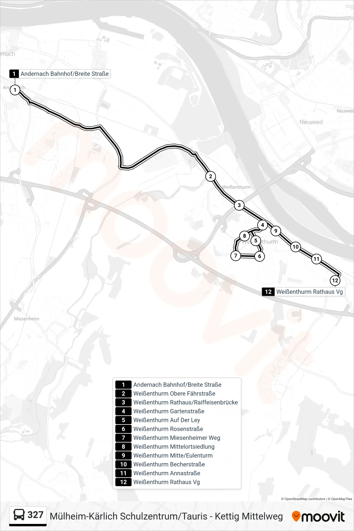 327 bus Line (Weißenthurm Rathaus Vg) route and stops on a map