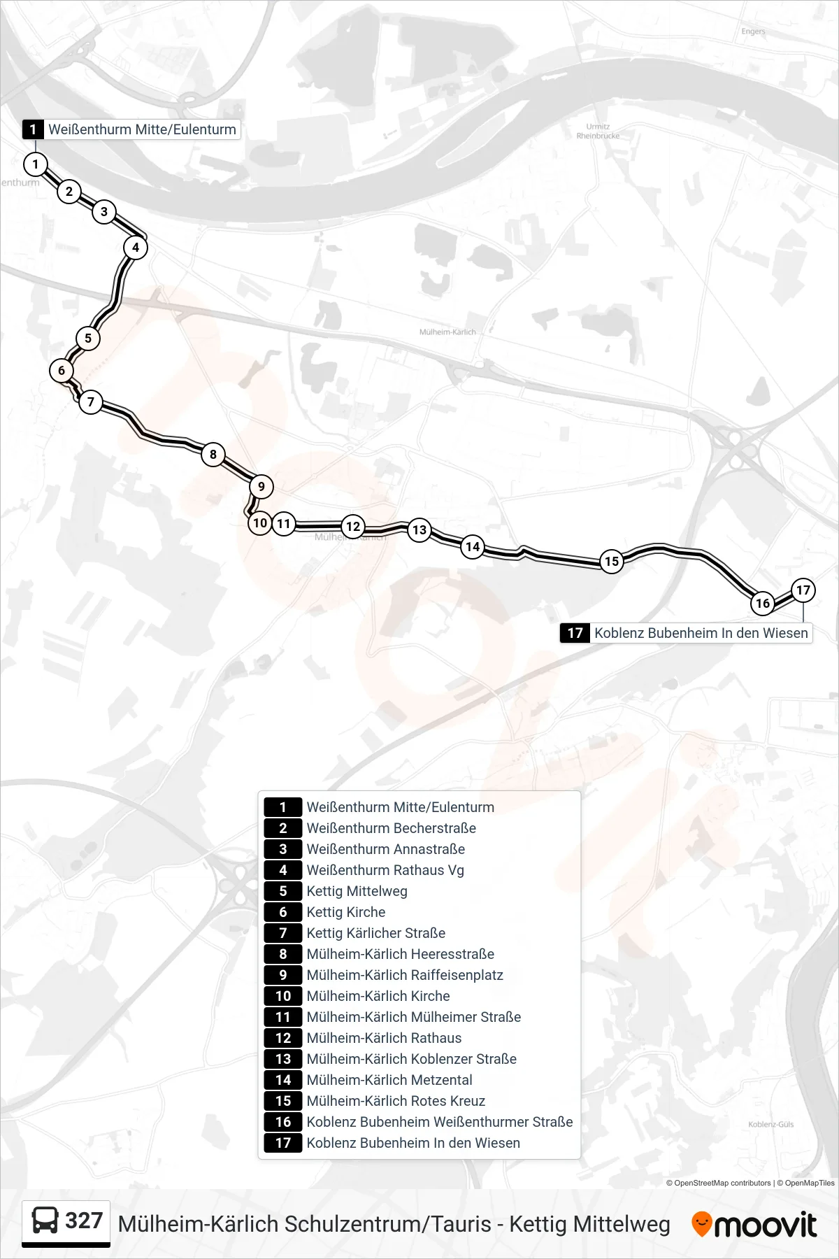 327 bus Line (Koblenz Bubenheim In den Wiesen) route and stops on a map