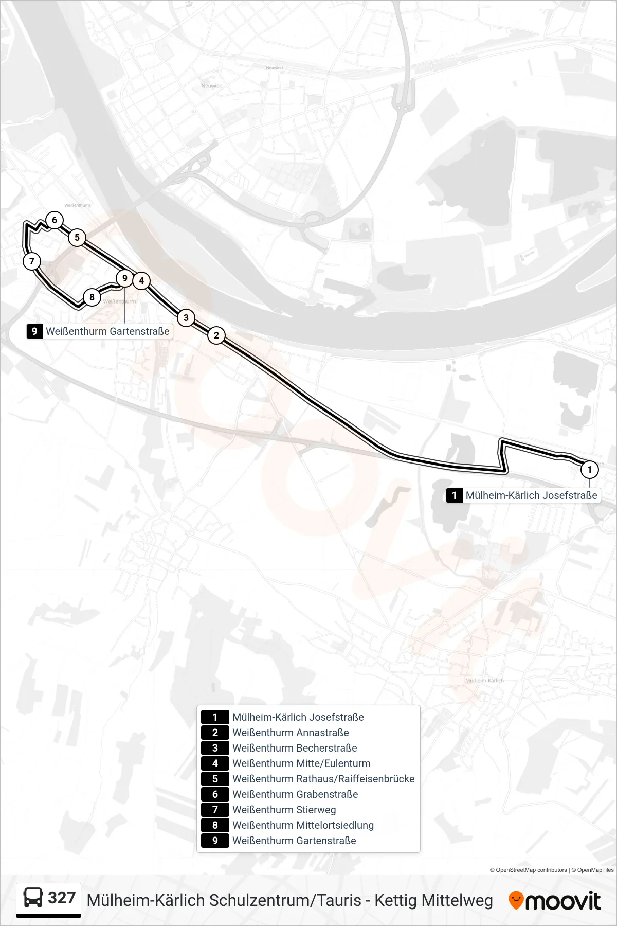 327 bus Line (Weißenthurm Gartenstraße) route and stops on a map