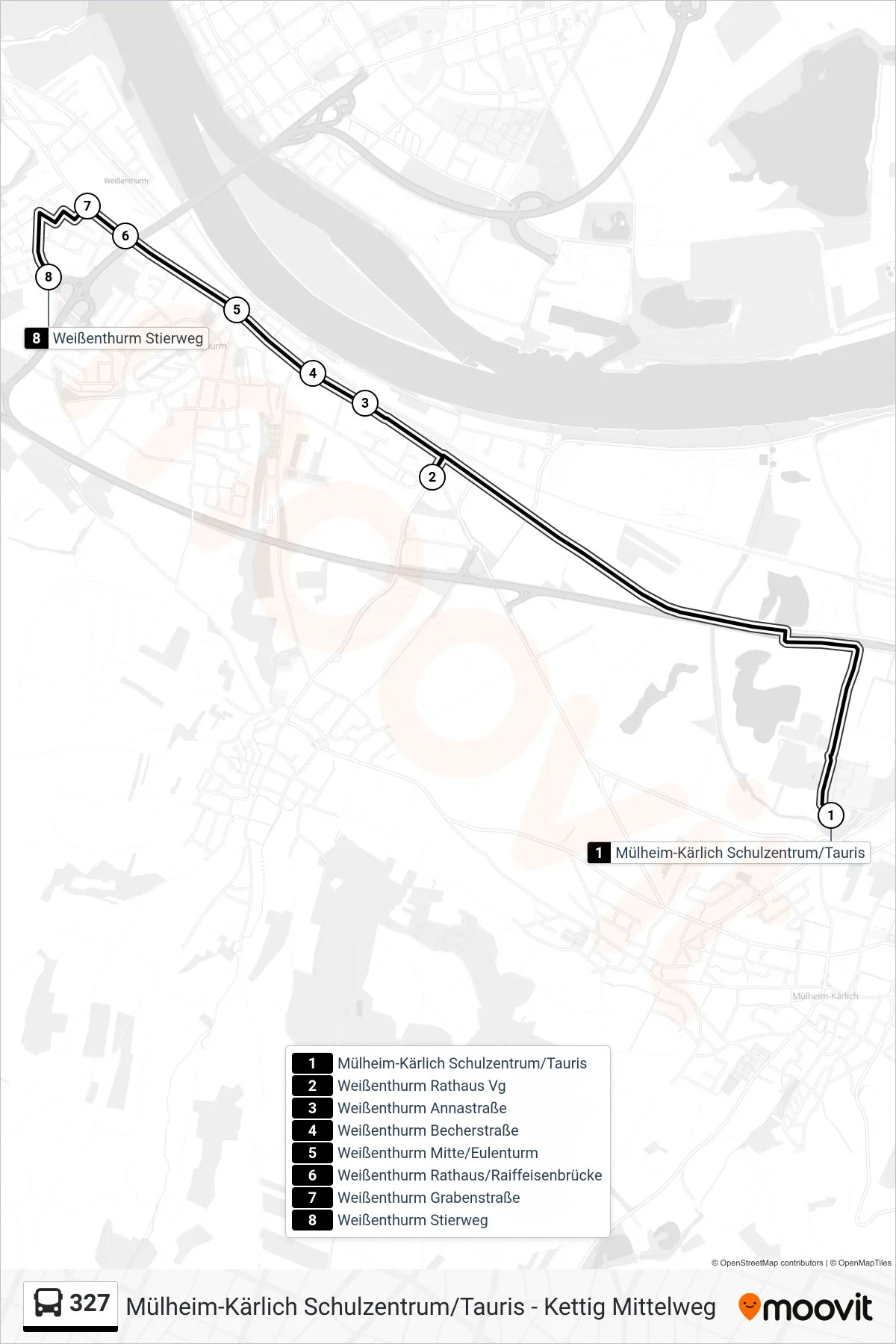 327 bus Line (Weißenthurm Stierweg) route and stops on a map