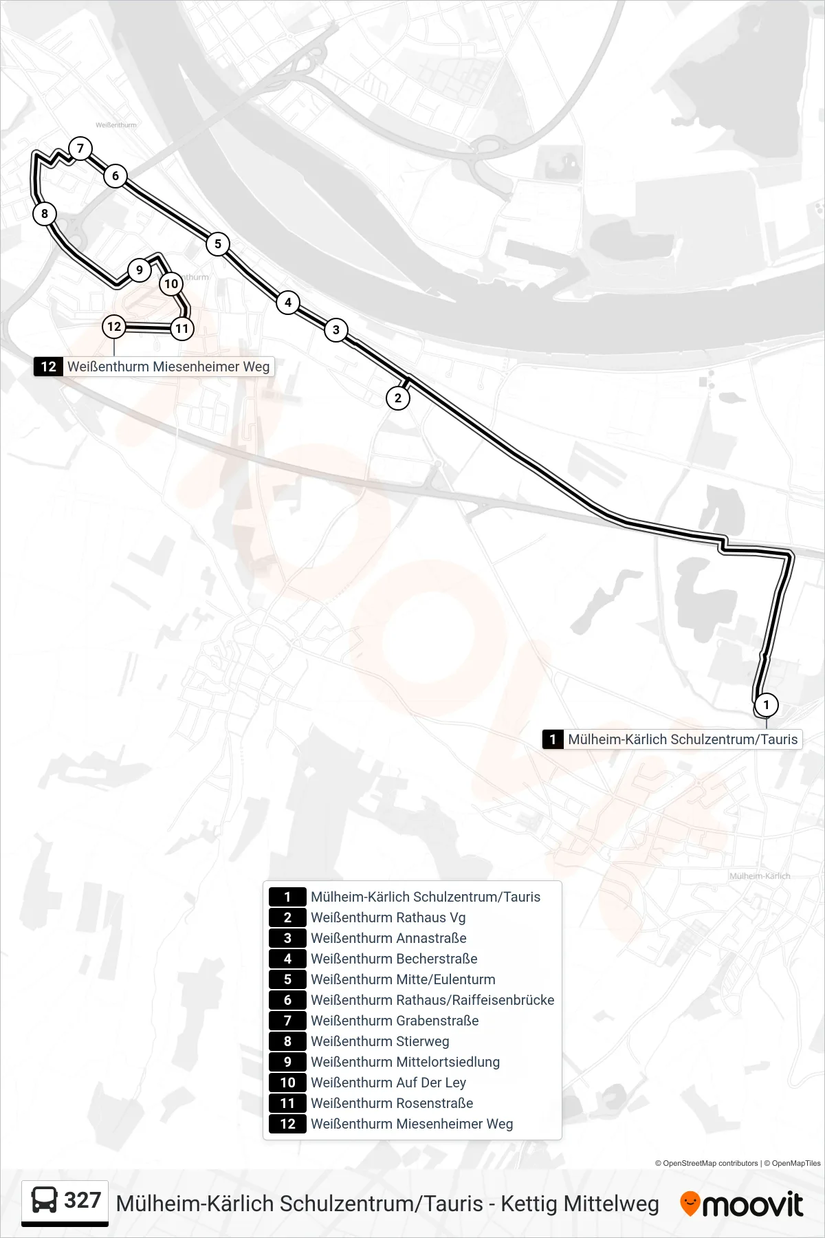 327 bus Line (Weißenthurm Miesenheimer Weg) route and stops on a map