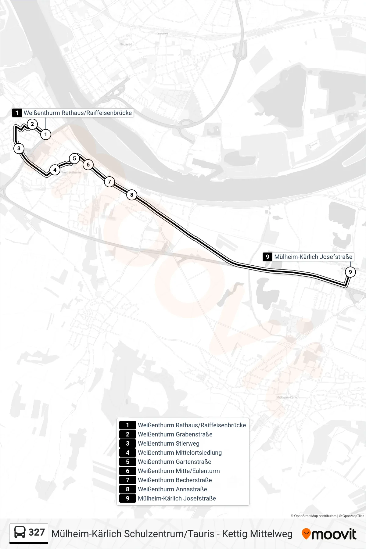 327 bus Line (Mülheim-Kärlich Josefstraße) route and stops on a map