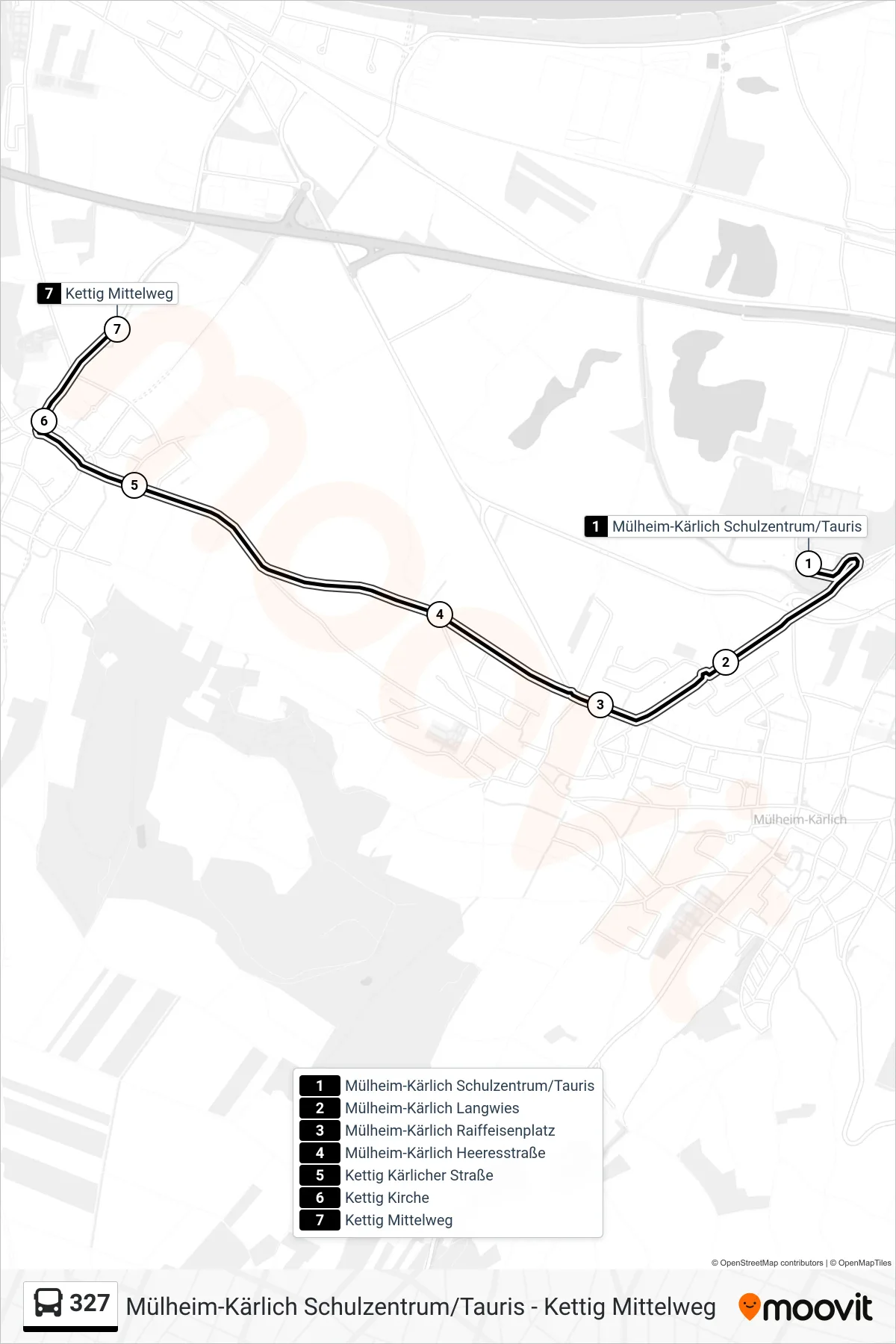 327 bus Line (Kettig Mittelweg) route and stops on a map