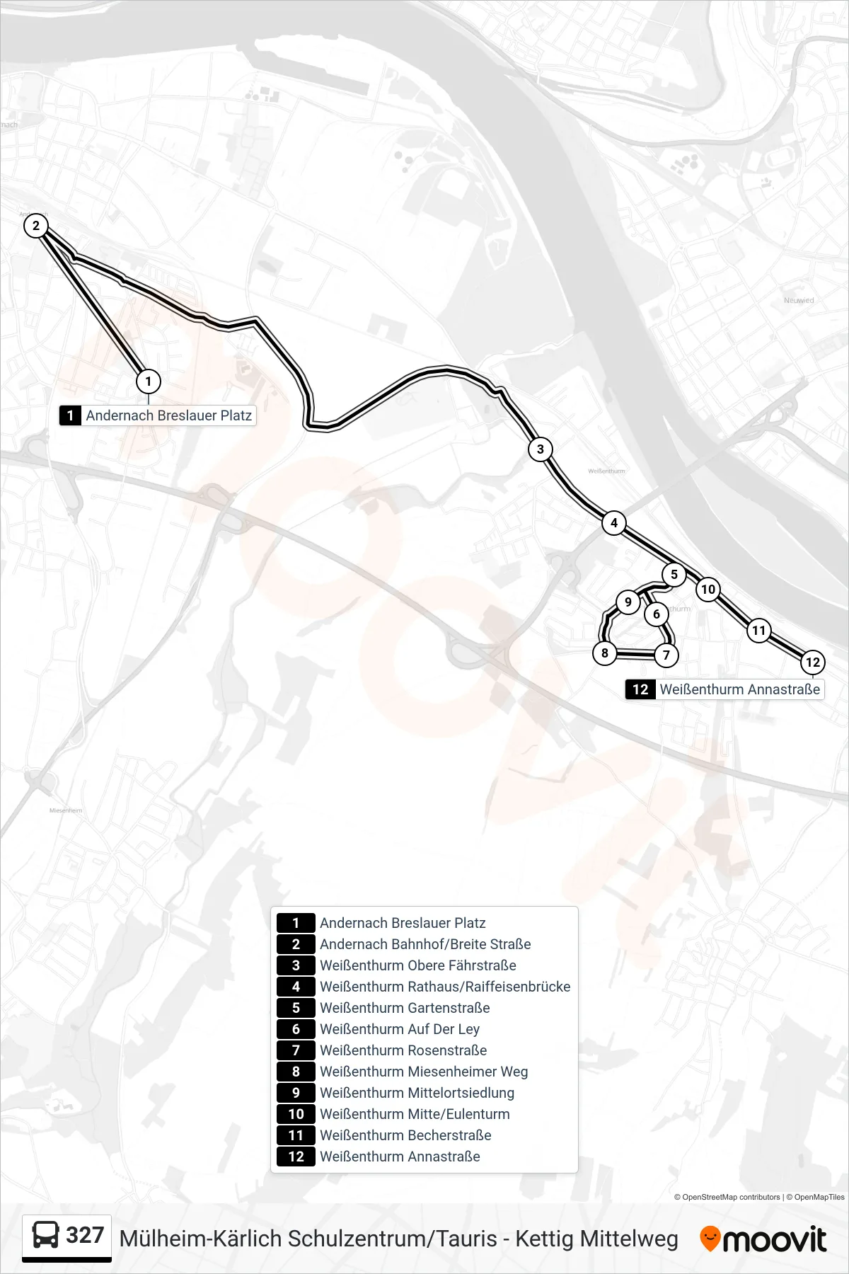 327 bus Line (Weißenthurm Annastraße) route and stops on a map