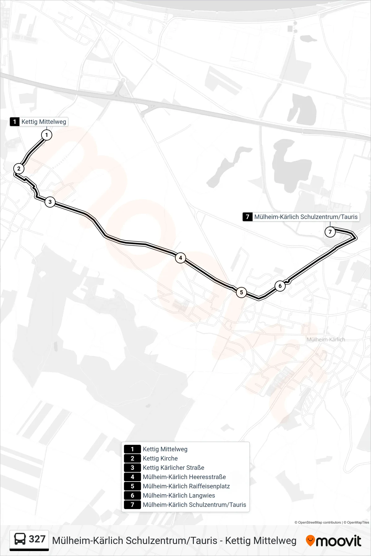 327 bus Line (Mülheim-Kärlich Schulzentrum/Tauris) route and stops on a map