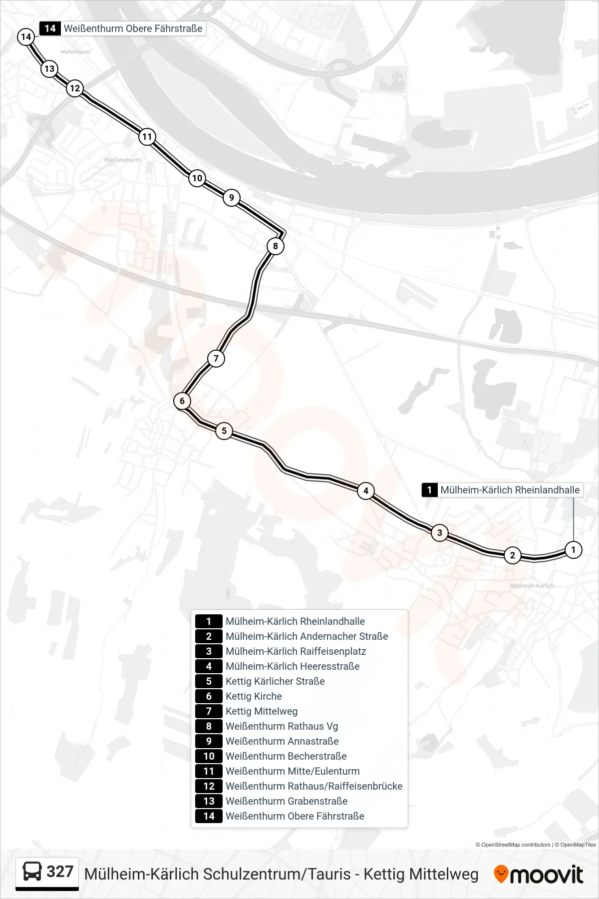 327 bus Line (Weißenthurm Obere Fährstraße) route and stops on a map