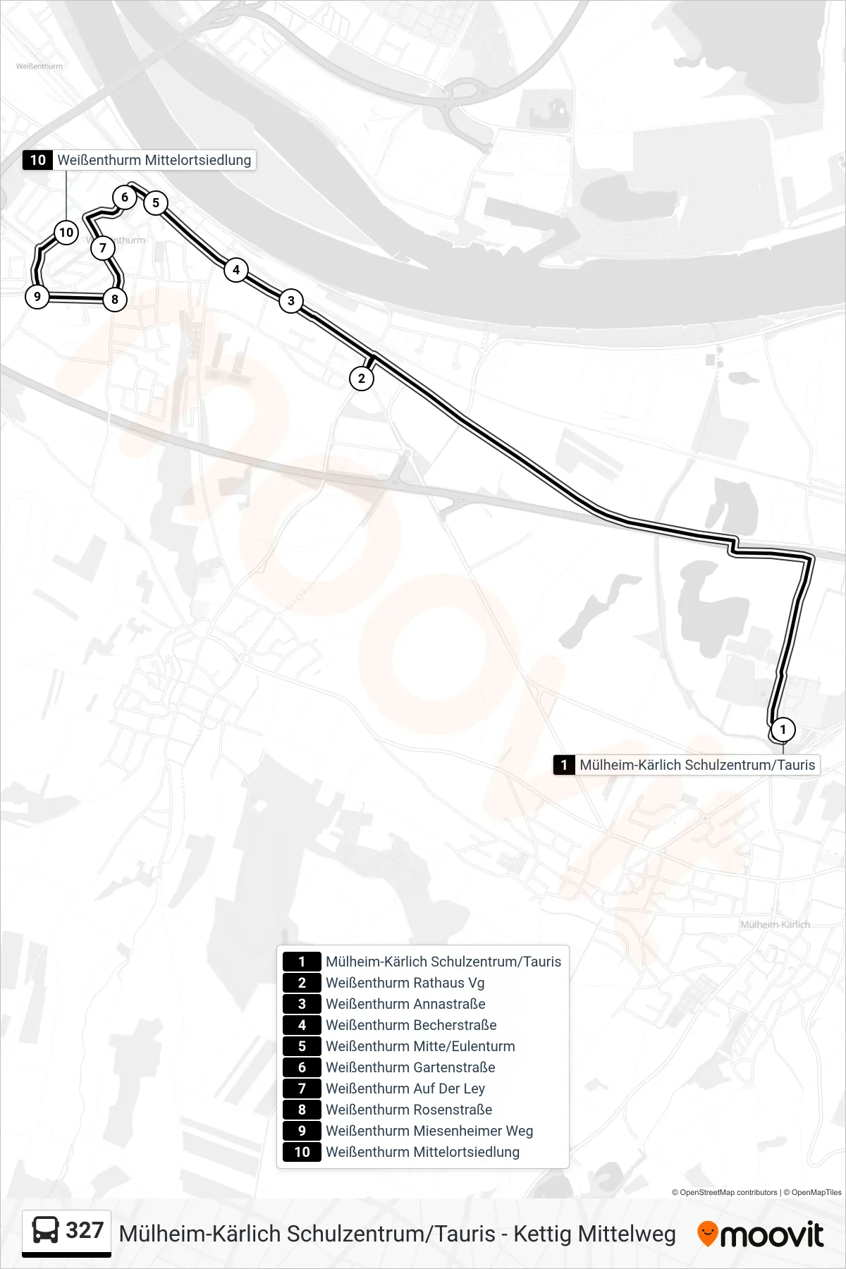 327 bus Line (Weißenthurm Mittelortsiedlung) route and stops on a map