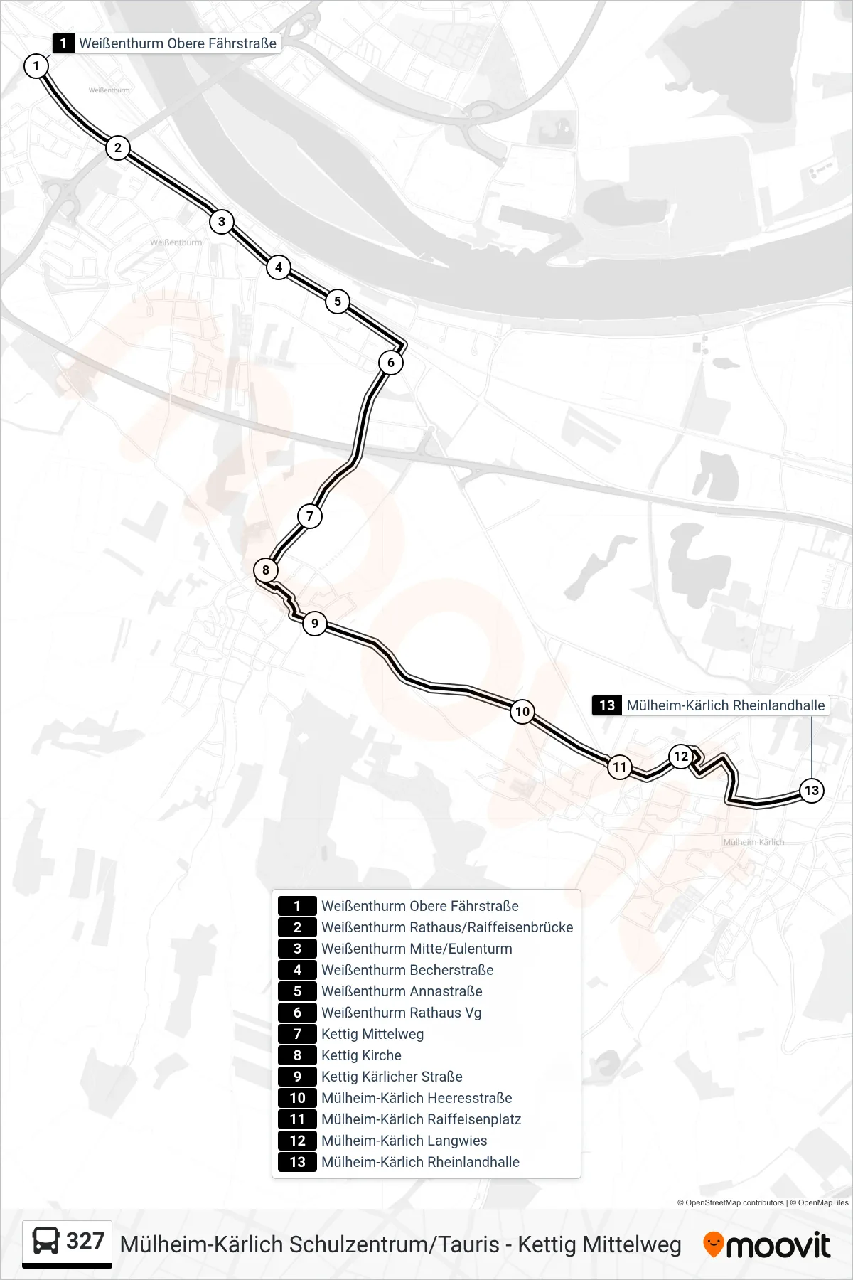 327 bus Line (Mülheim-Kärlich Rheinlandhalle) route and stops on a map