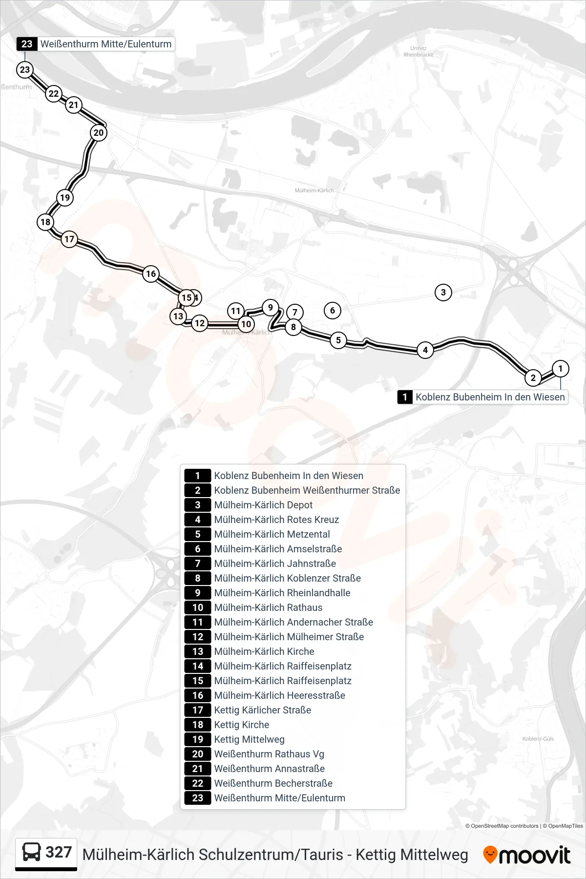 327 bus Line (Weißenthurm Mitte/Eulenturm) route and stops on a map