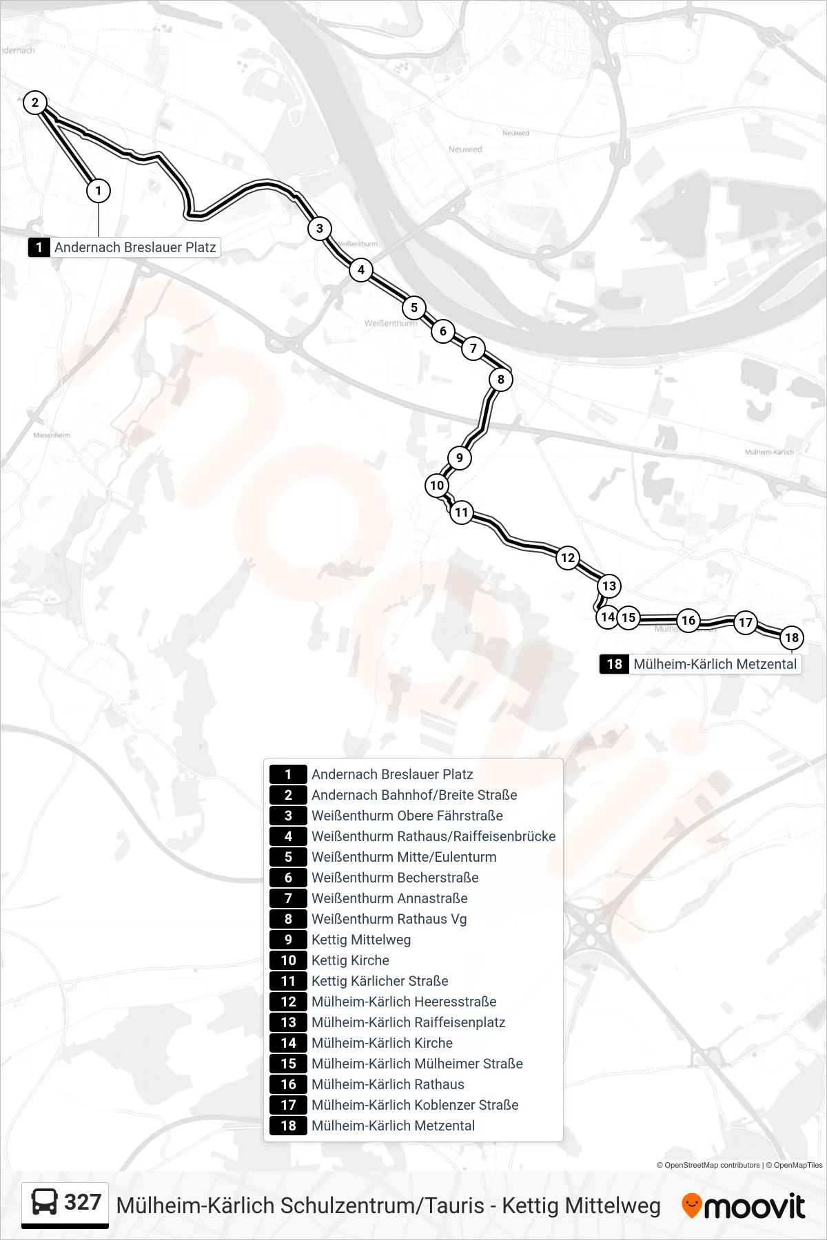 327 bus Line (Mülheim-Kärlich Metzental) route and stops on a map