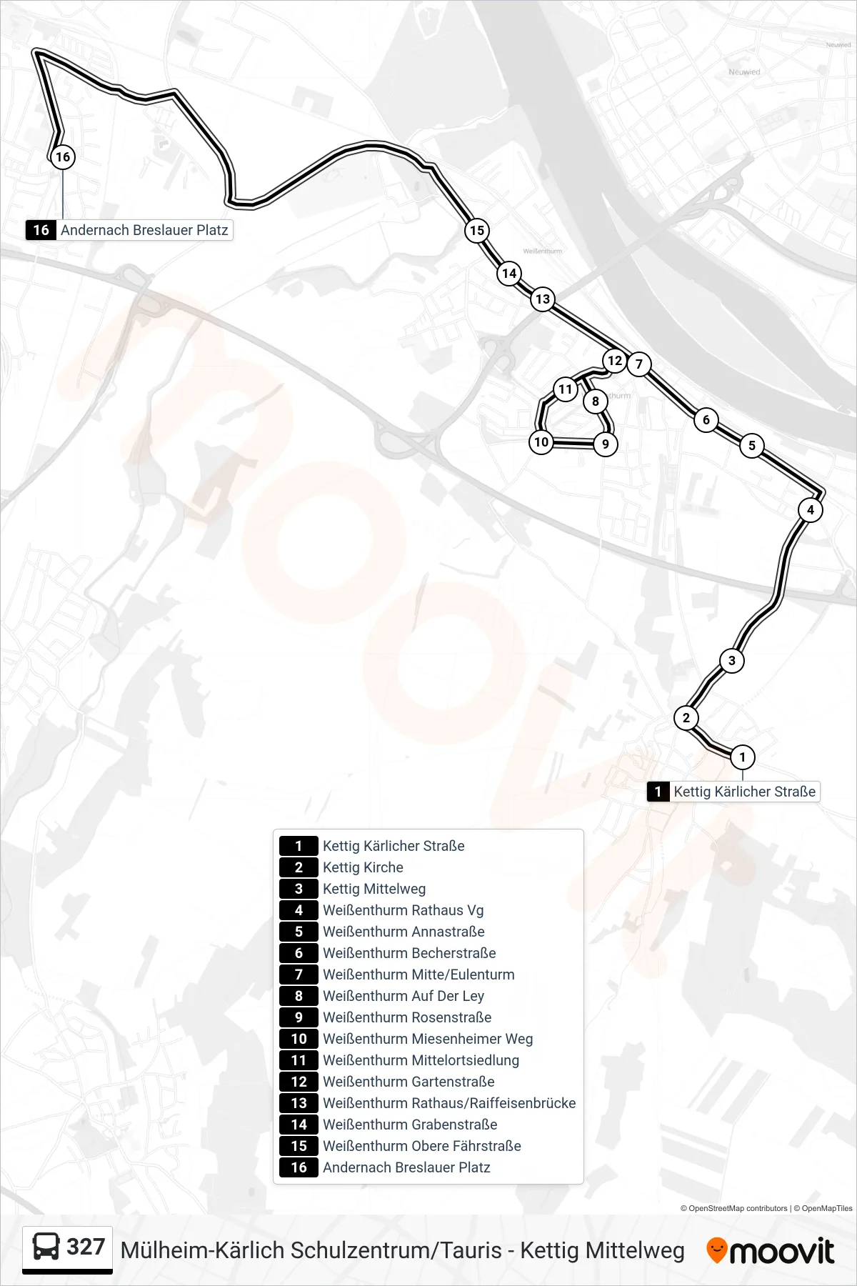327 bus Line (Andernach Breslauer Platz) route and stops on a map