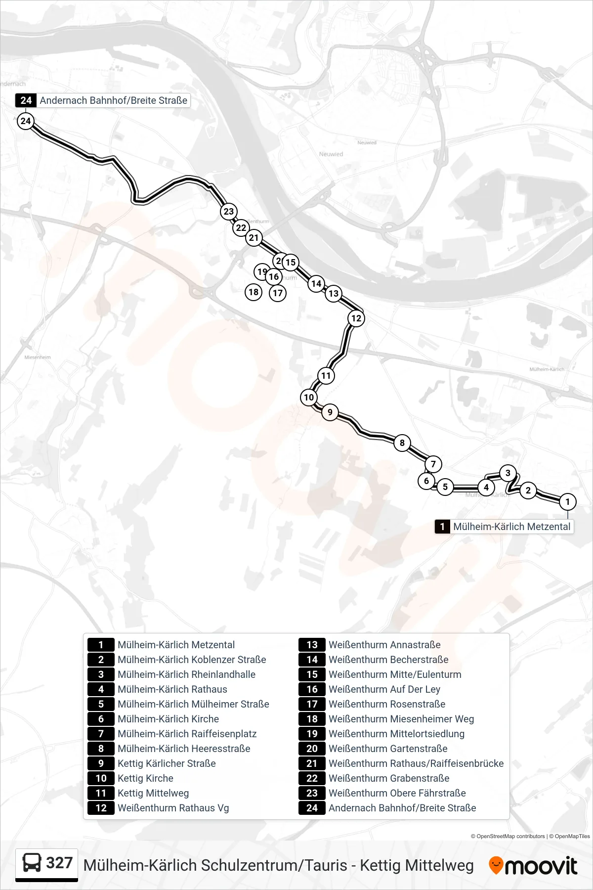 327 bus Line (Andernach Bahnhof/Breite Straße) route and stops on a map