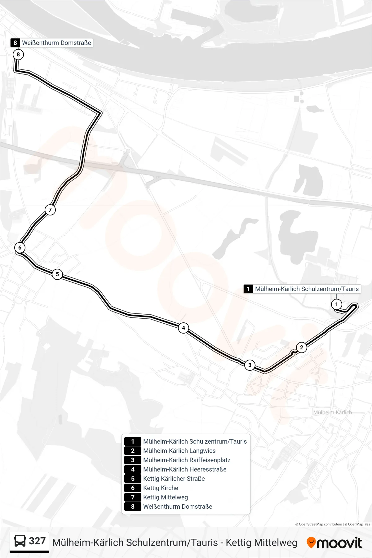 327 bus Line (Weißenthurm Domstraße) route and stops on a map
