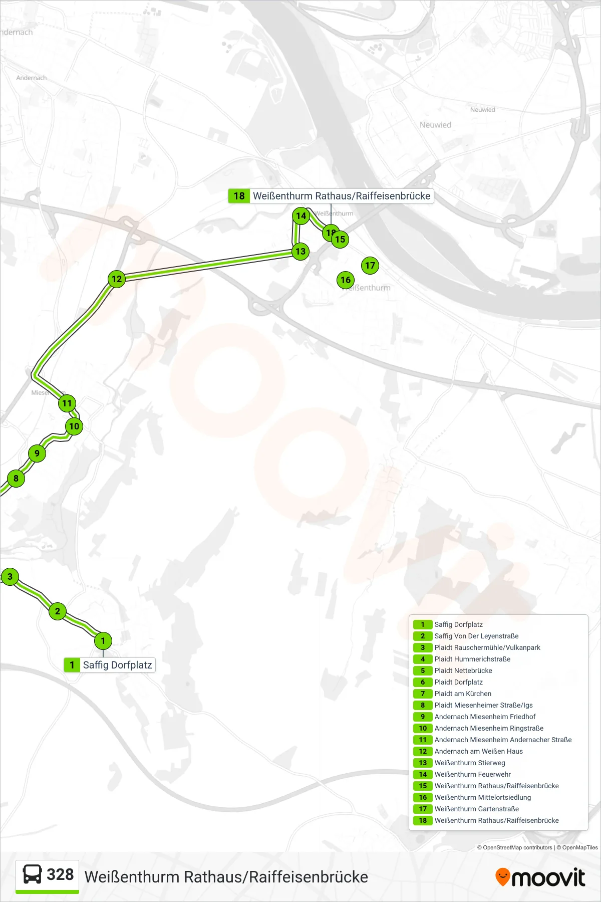 Linie 328 (Bus) Richtung Weißenthurm Rathaus/Raiffeisenbrücke: Route und Haltestellen auf der Karte