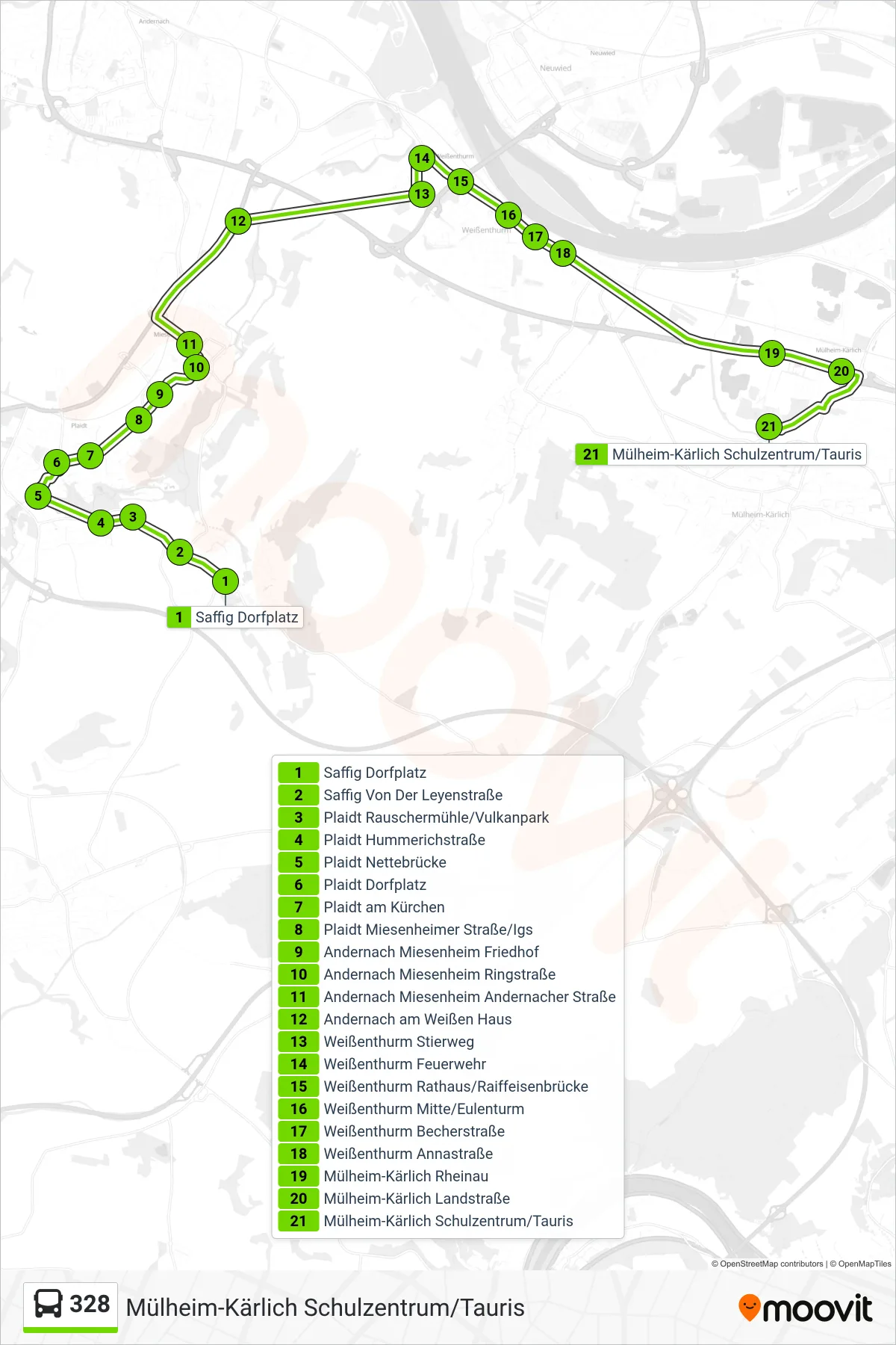 328 bus Line (Mülheim-Kärlich Schulzentrum/Tauris) route and stops on a map