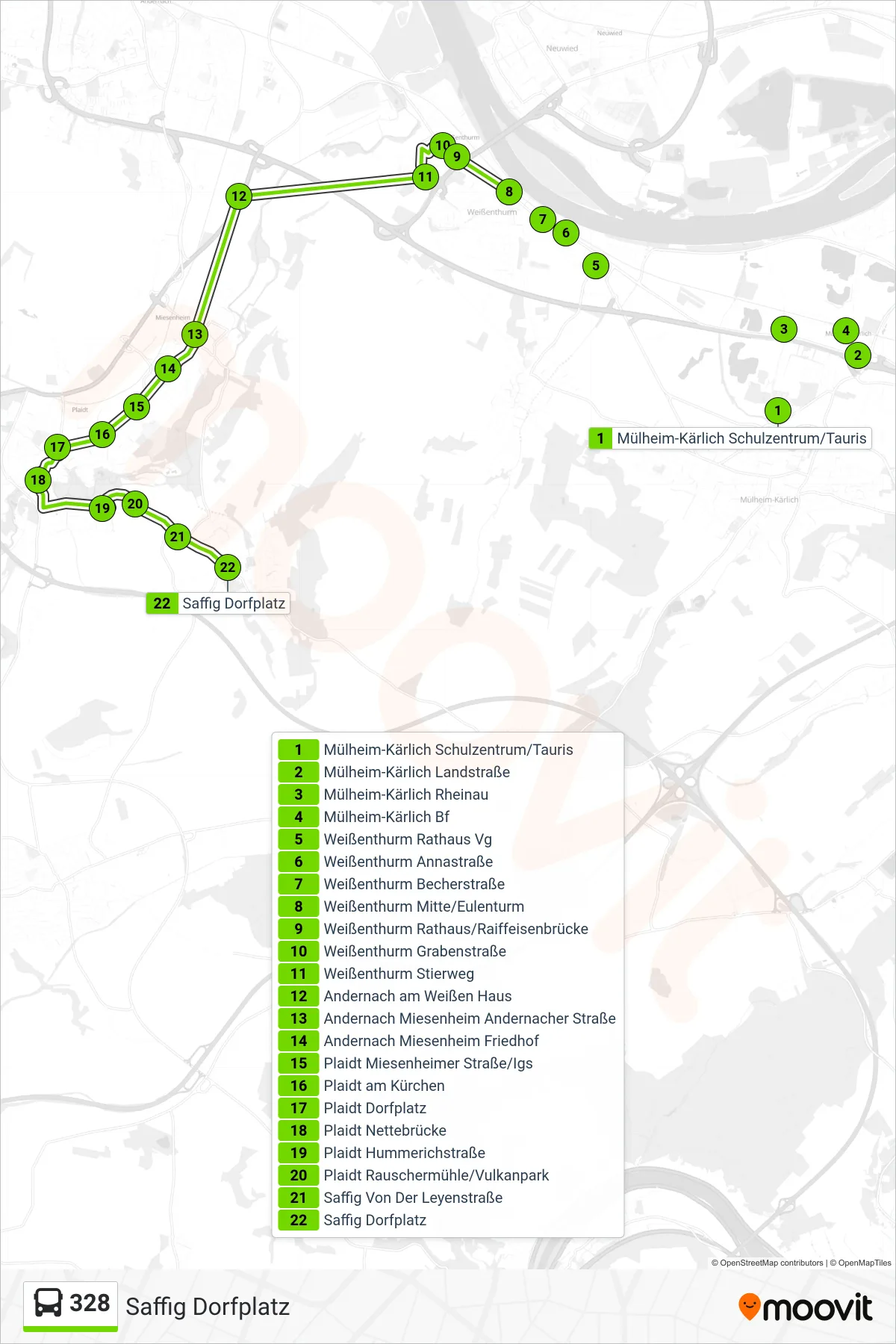 328 bus Line (Saffig Dorfplatz) route and stops on a map