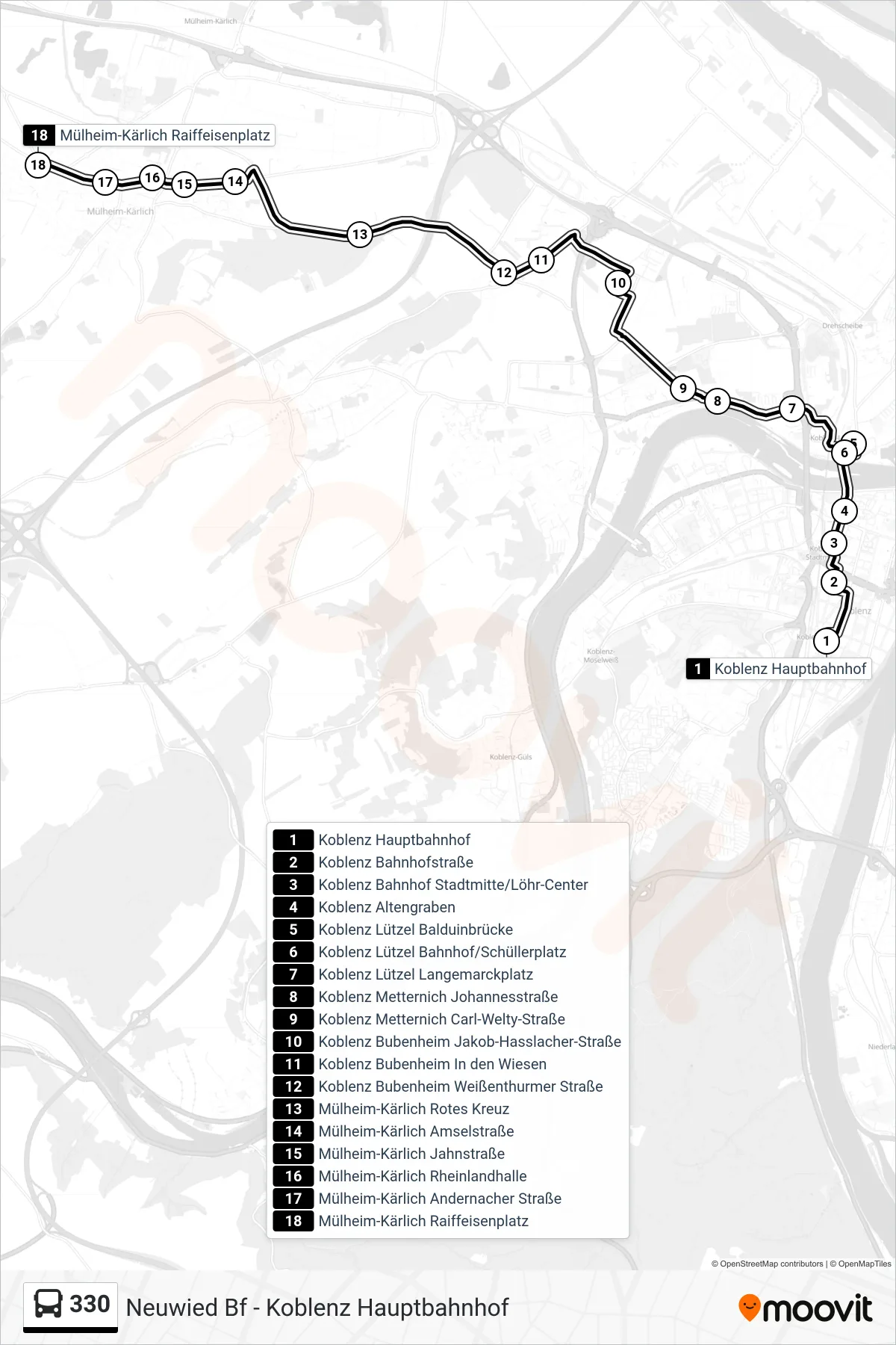 Linie 330 (Bus) Richtung Mülheim-Kärlich Raiffeisenplatz: Route und Haltestellen auf der Karte