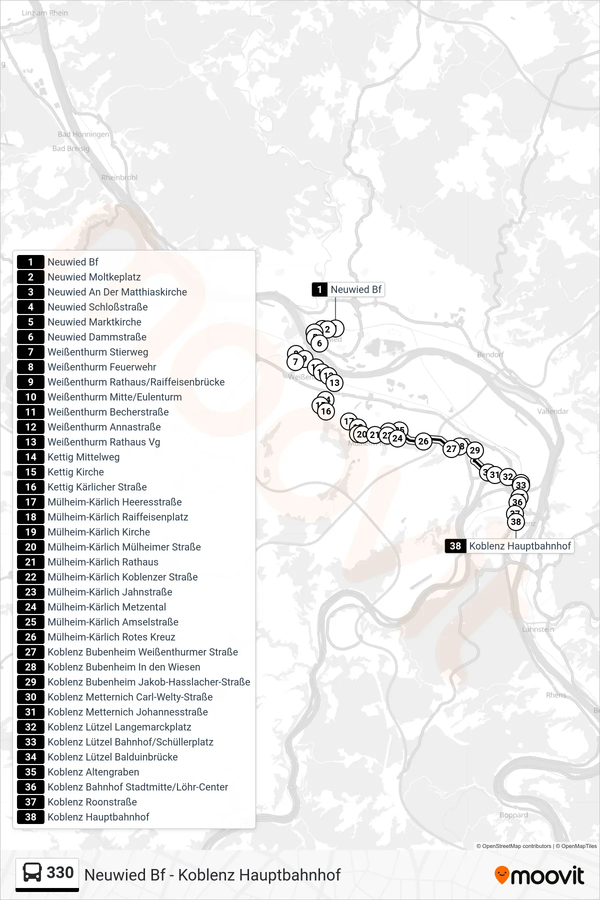 330 bus Line (Koblenz Hauptbahnhof) route and stops on a map