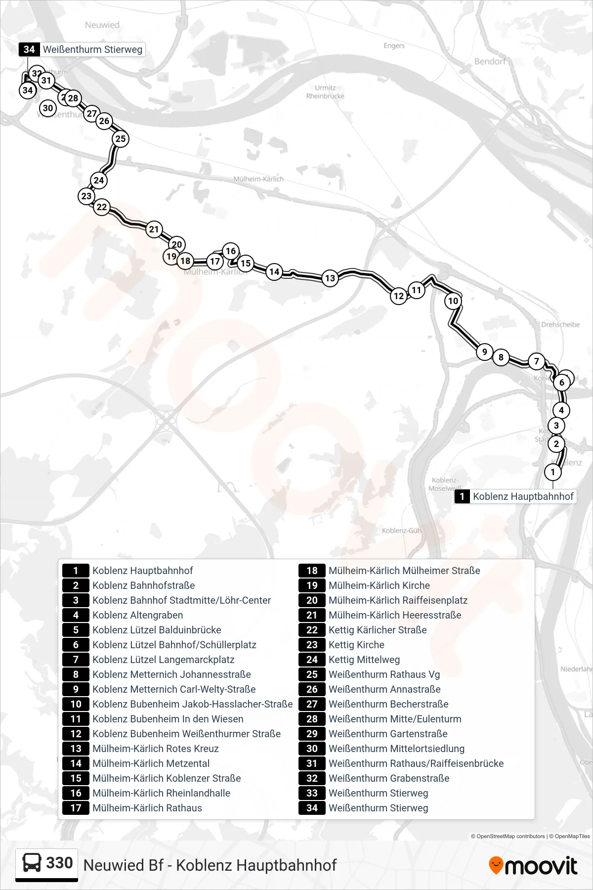 330 bus Line (Weißenthurm Stierweg) route and stops on a map