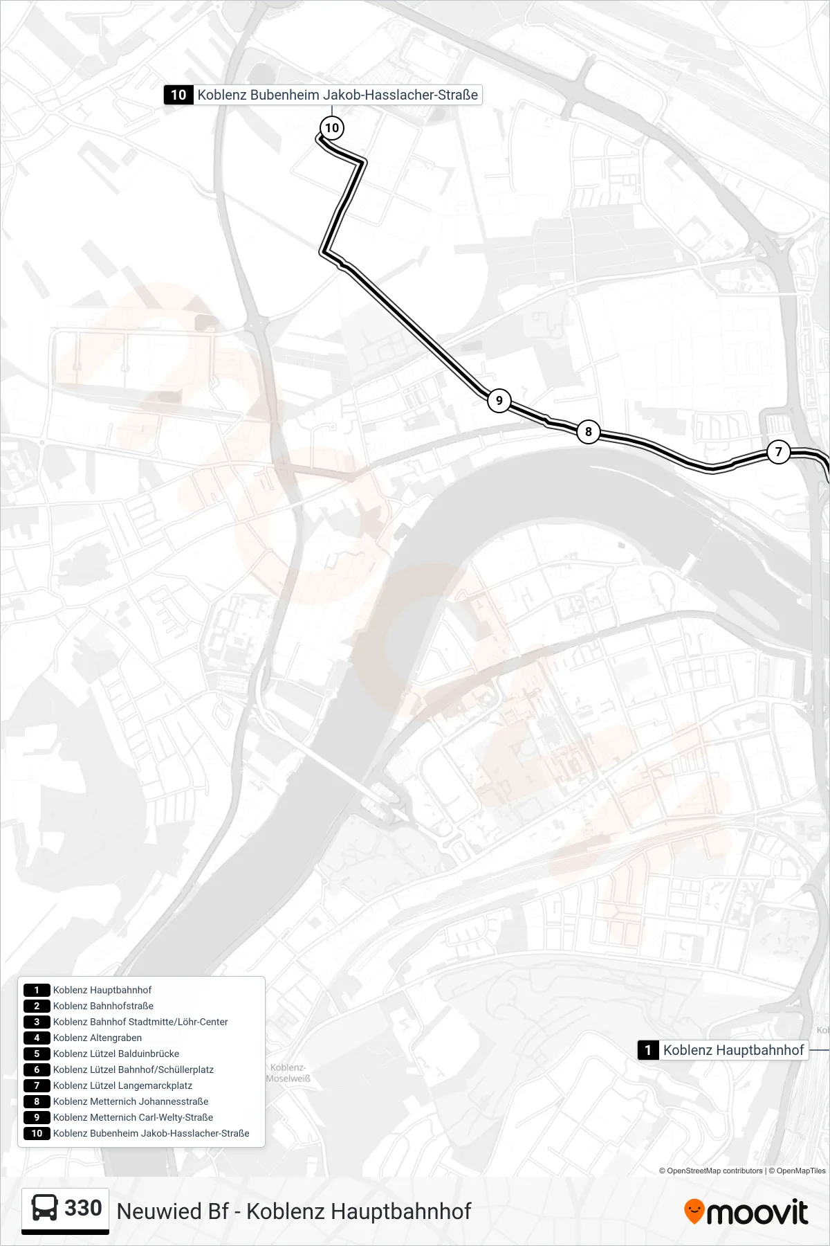 330 bus Line (Koblenz Bubenheim Jakob-Hasslacher-Straße) route and stops on a map