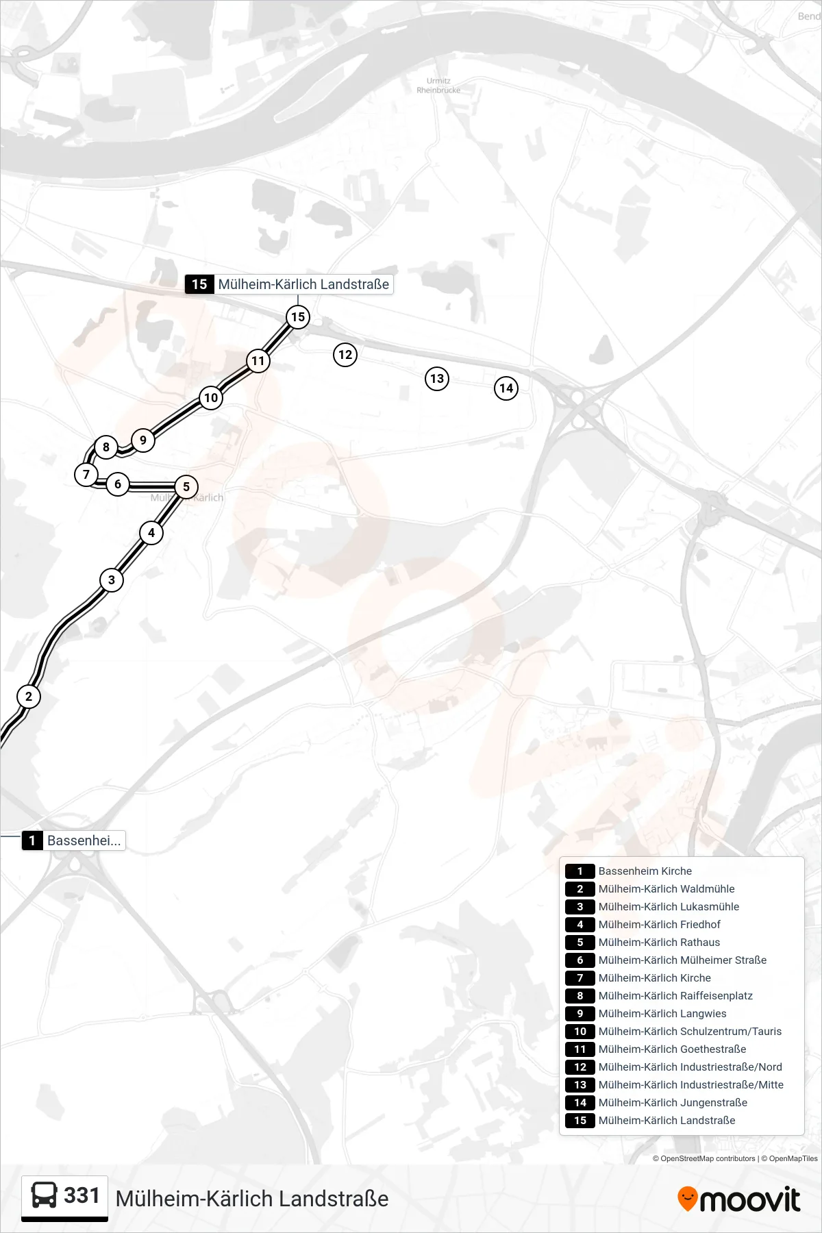 Linie 331 (Bus) Richtung Mülheim-Kärlich Landstraße: Route und Haltestellen auf der Karte