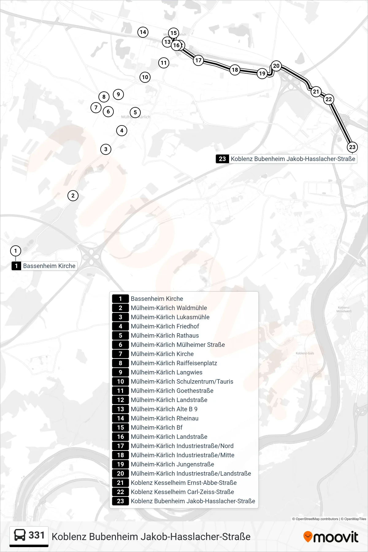 331 bus Line (Koblenz Bubenheim Jakob-Hasslacher-Straße) route and stops on a map