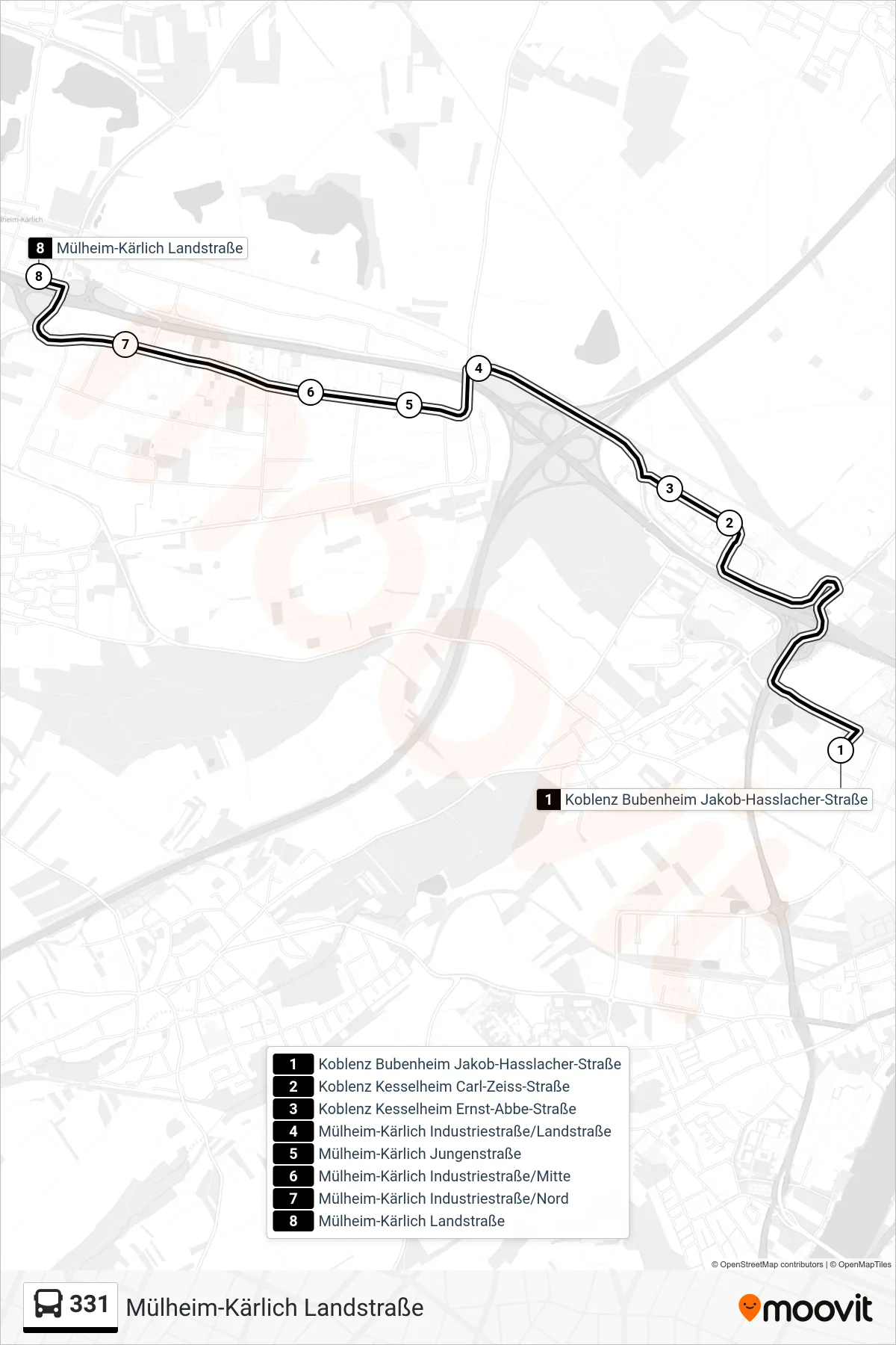 331 bus Line (Mülheim-Kärlich Landstraße) route and stops on a map