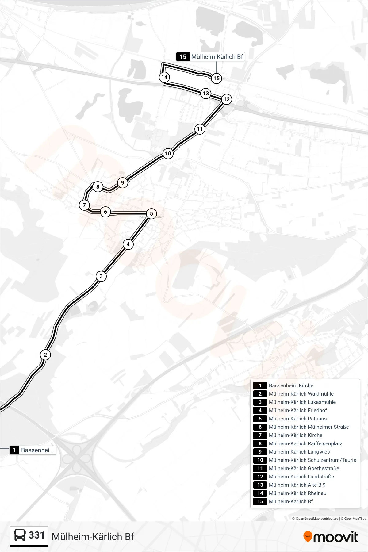 Linie 331 (Bus) Richtung Mülheim-Kärlich Bf: Route und Haltestellen auf der Karte